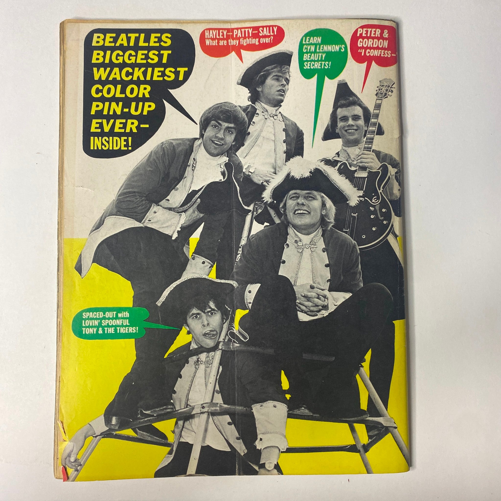 Cover of 16 Magazine February 1966 featuring The Beatles, labeled as 'Beatles Biggest Wackiest Color Pin-Up Ever - Inside!' with additional content highlights including 'Learn Cyn Lennon's Beauty Secrets!' and features about Hayley, Patty, Sally, and Peter & Gordon.