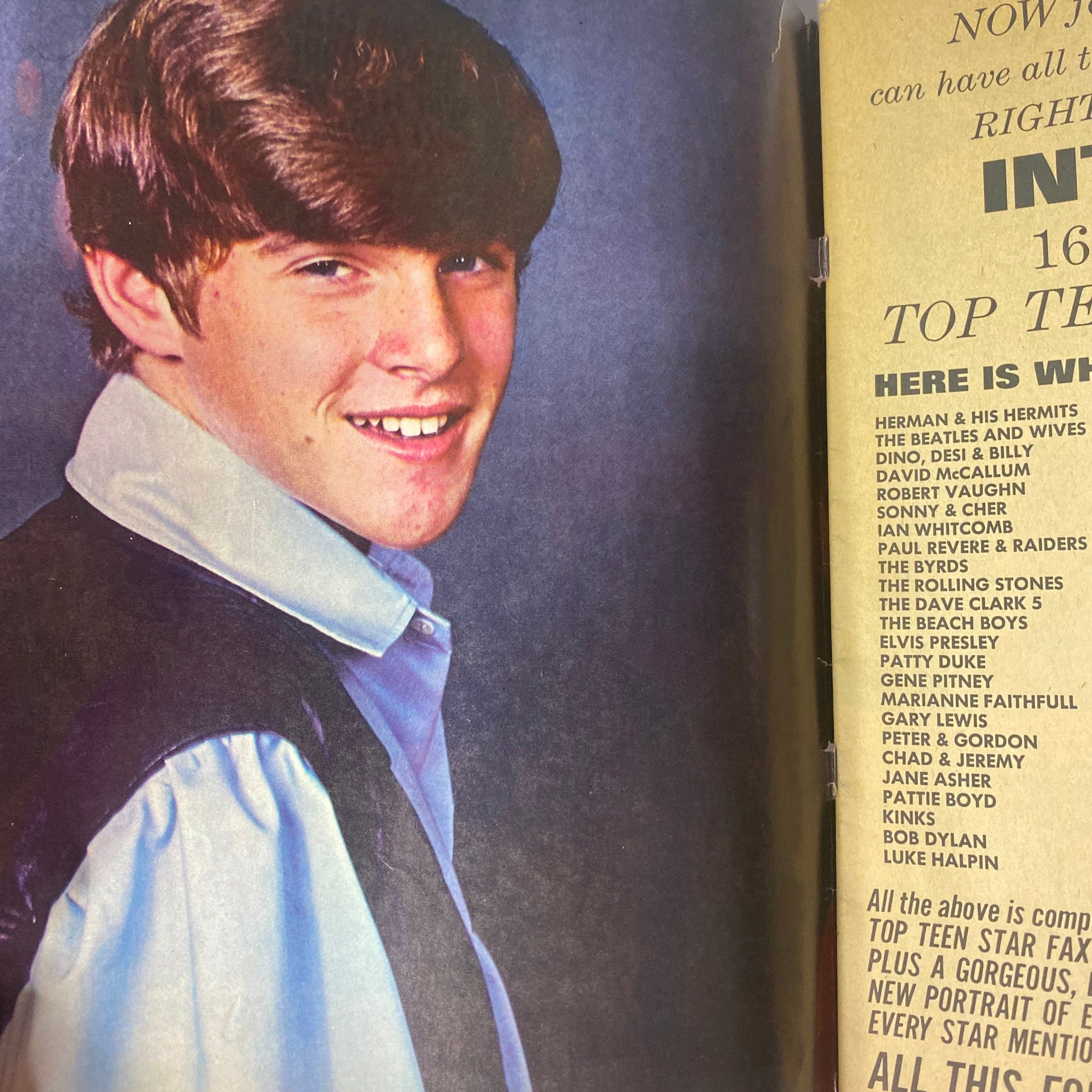 Close-up portrait of a young male with a bright smile featured in the 16 Magazine November 1965 issue highlighting Dino, Desi & Billy.