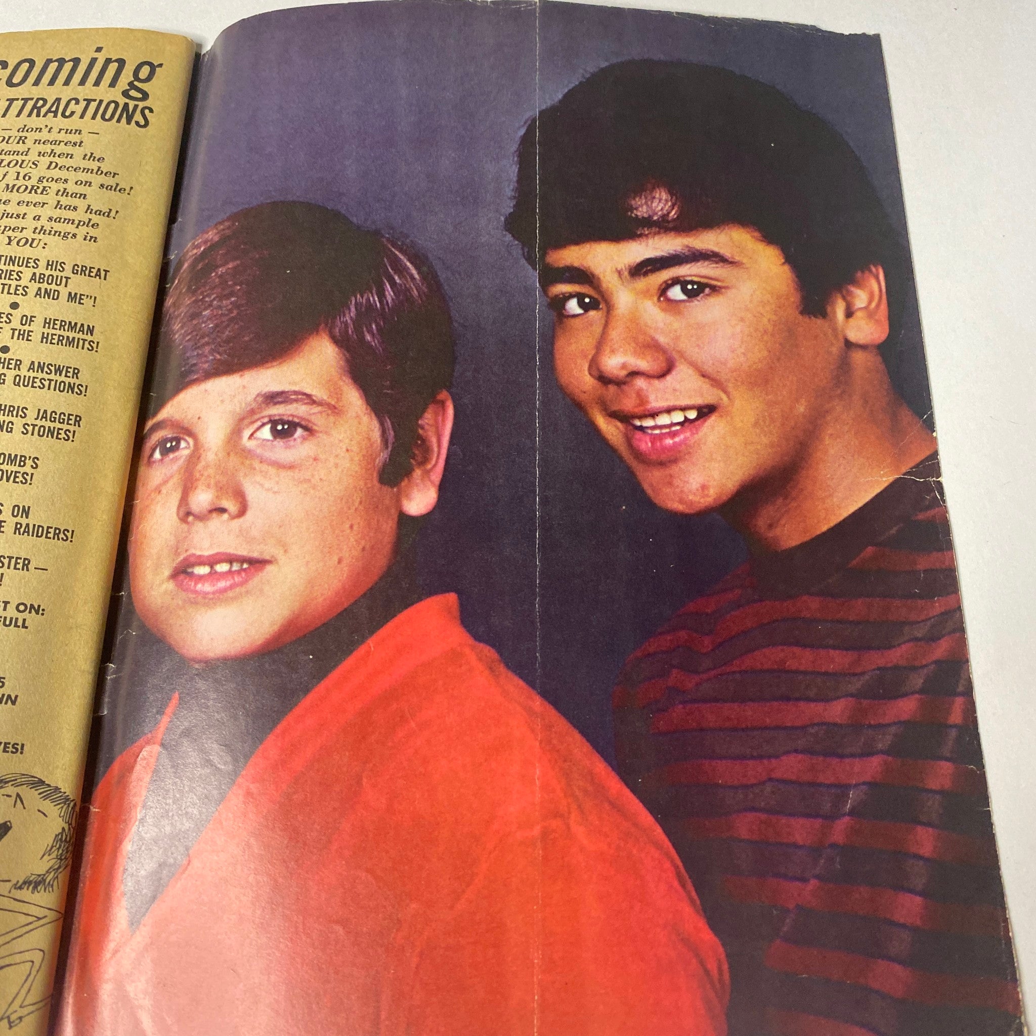Two young males, one with a playful expression, featured together in the 16 Magazine November 1965 issue with a focus on Dino, Desi & Billy.