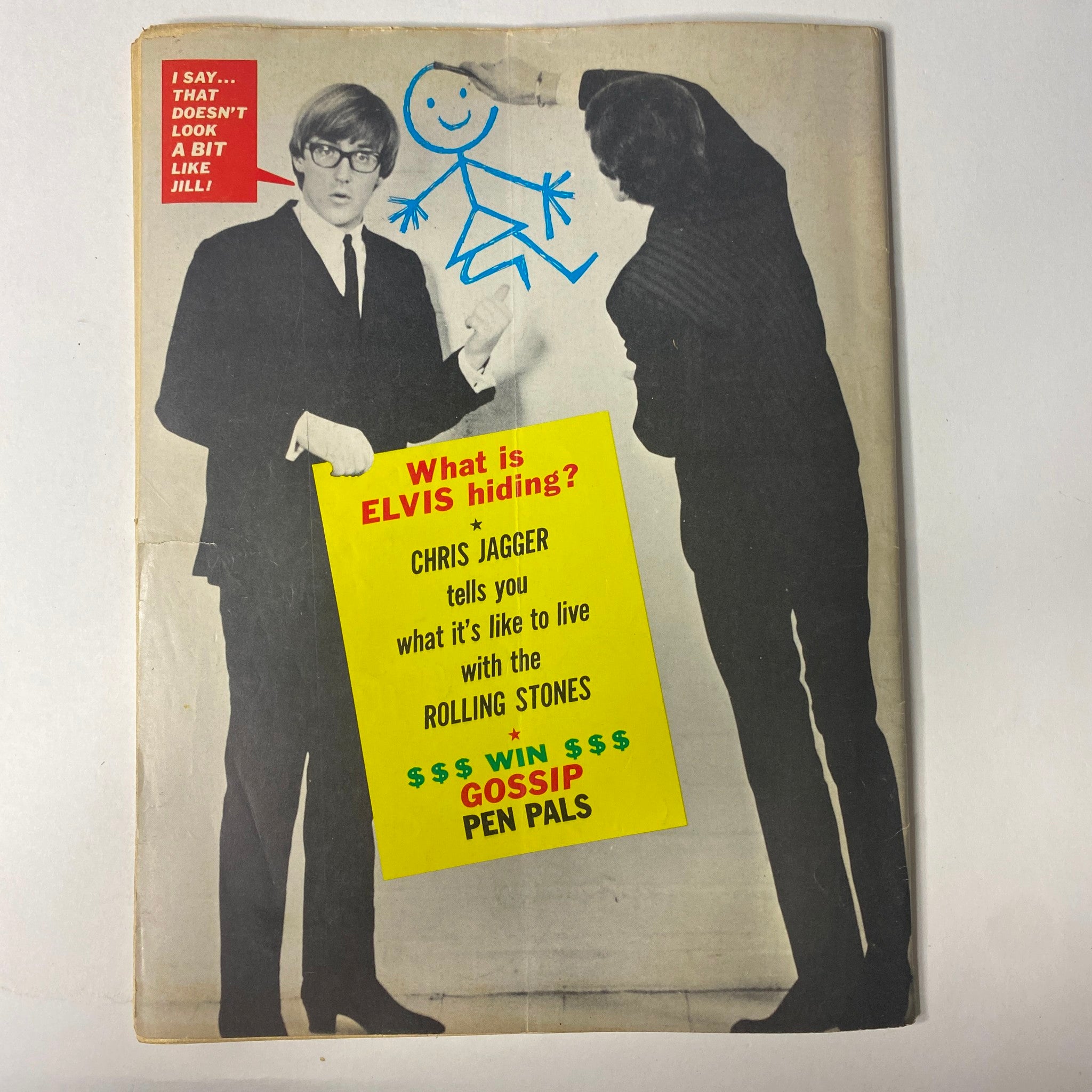 Cover of the 16 Magazine November 1965 featuring an artistic rendition with a humorous cartoon figure, discussing Elvis Presley and the Rolling Stones.