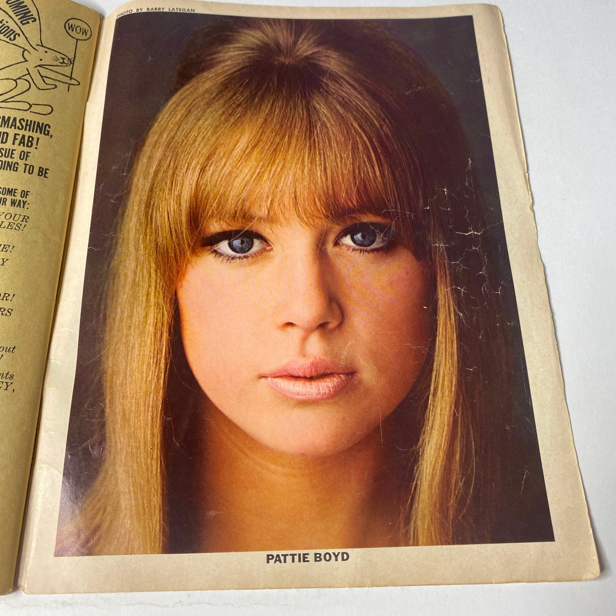 Portrait of Pattie Boyd from 16 Magazine March 1965, showcasing her iconic hairstyle and striking features.