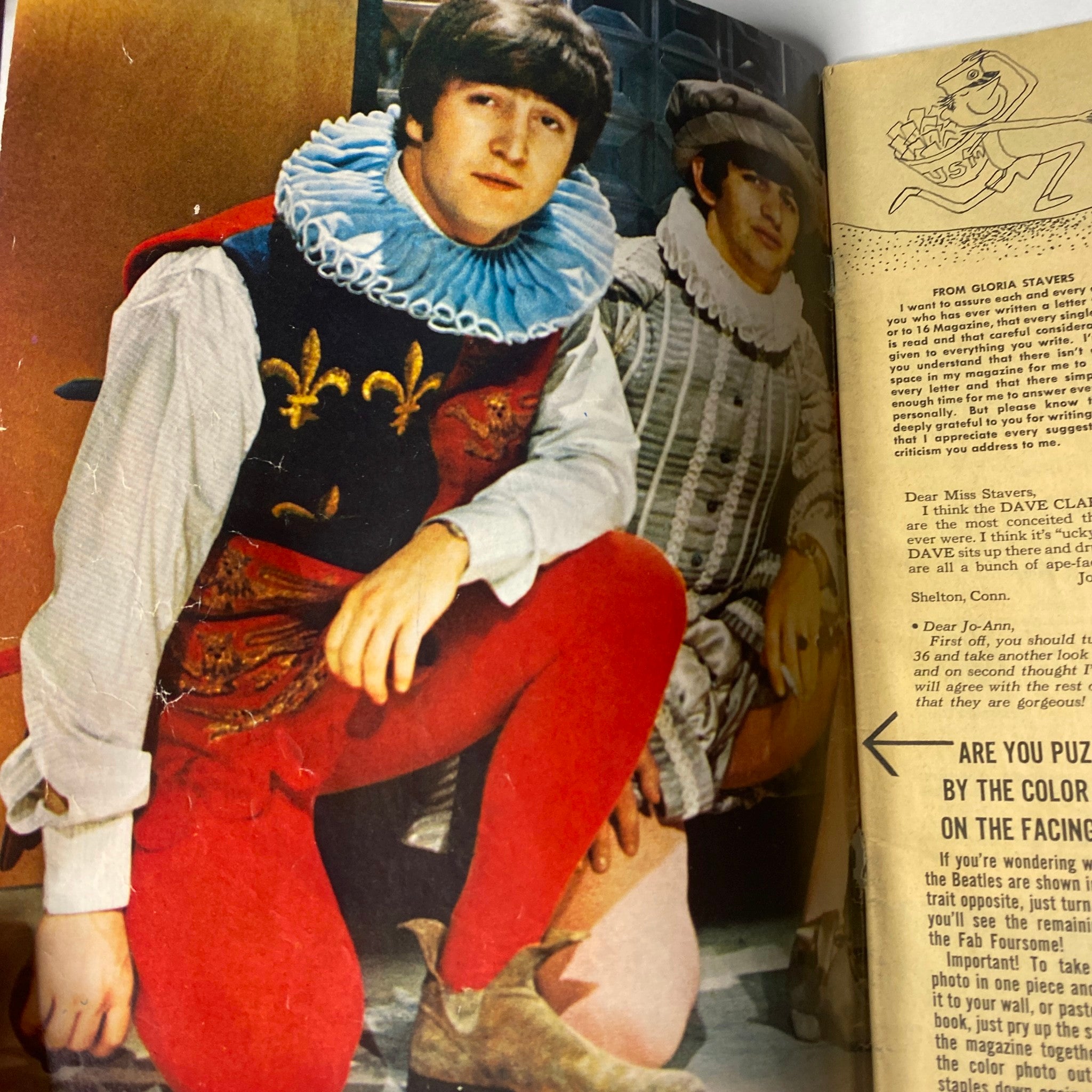 Inside page from 16 Magazine February 1965 Vol. 6 No. 9, featuring John Lennon in costume, showcasing a photo related to The Beatles' era and style.