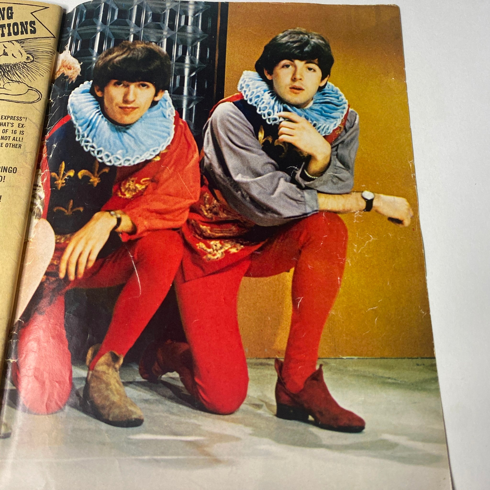 Inside page from 16 Magazine February 1965 Vol. 6 No. 9, showcasing Paul McCartney and George Harrison in colorful attire, reflecting the playful fashion of The Beatles.