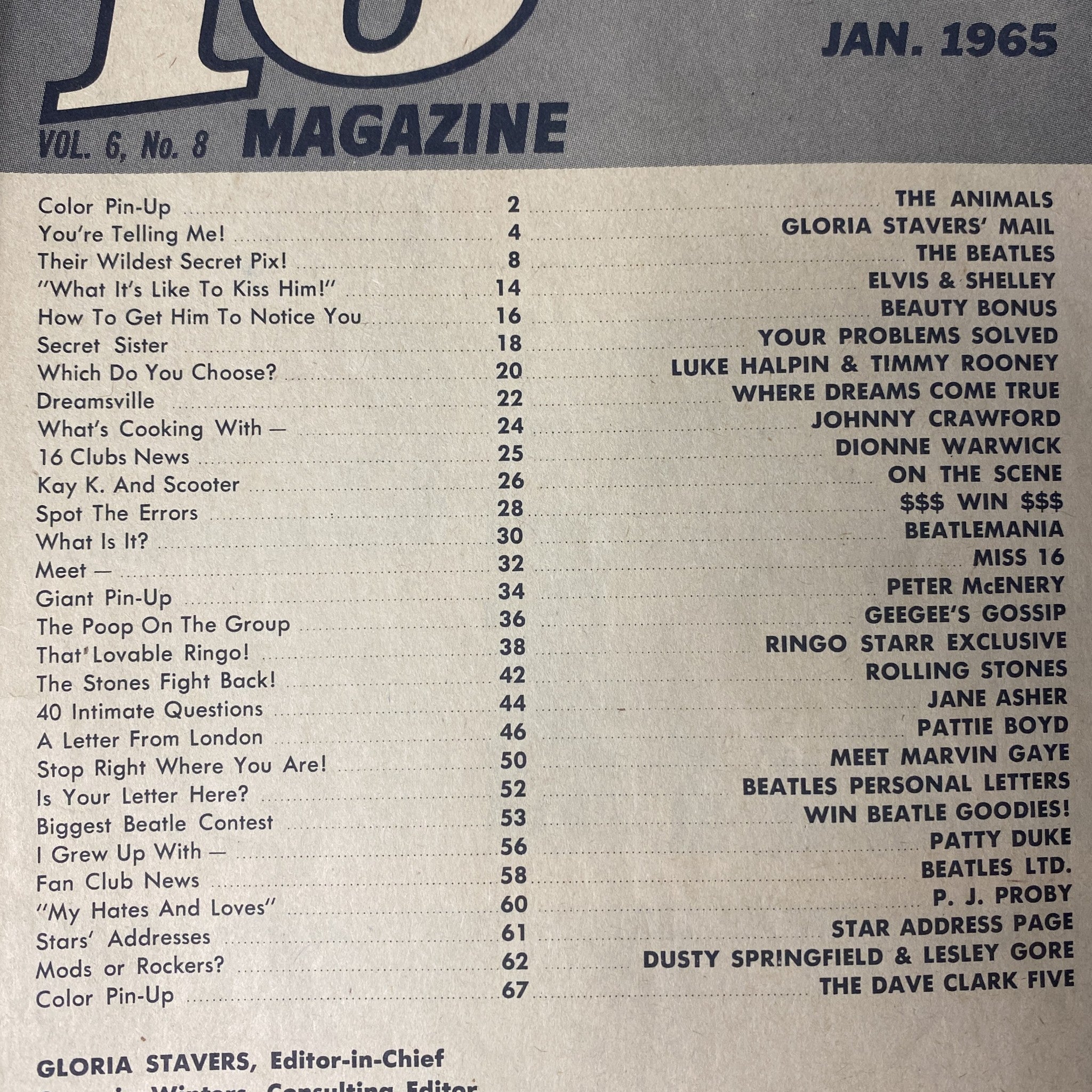 Table of contents from 16 Magazine January 1965 Vol 6 No. 8 listing features on The Animals, The Beatles, Elvis, and various articles reflecting 1960s pop culture.