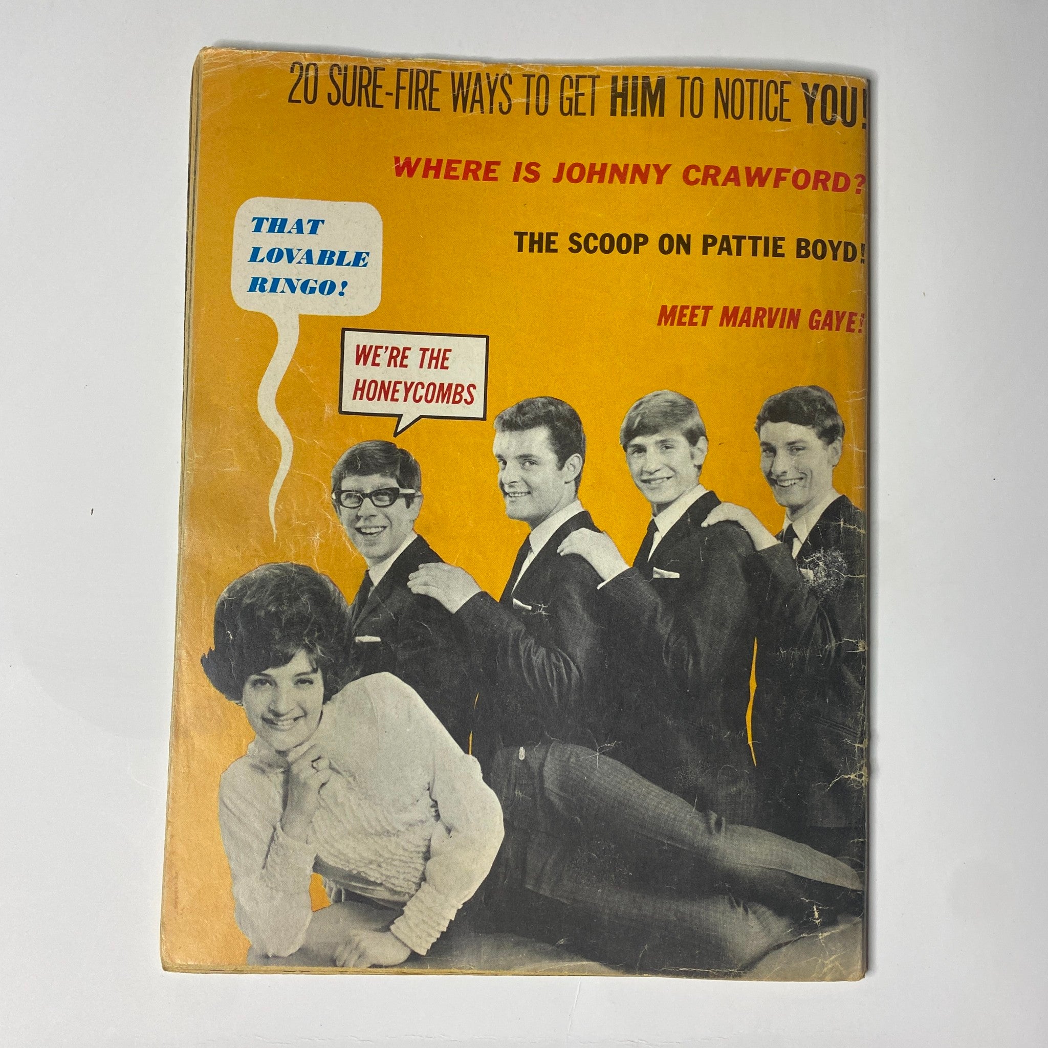 Cover image of 16 Magazine January 1965 Vol 6 No 8 featuring a group photo of five young musicians. The magazine features headlines about Johnny Crawford, Ringo Starr, and Marvin Gaye, highlighting teen idol culture of the era.