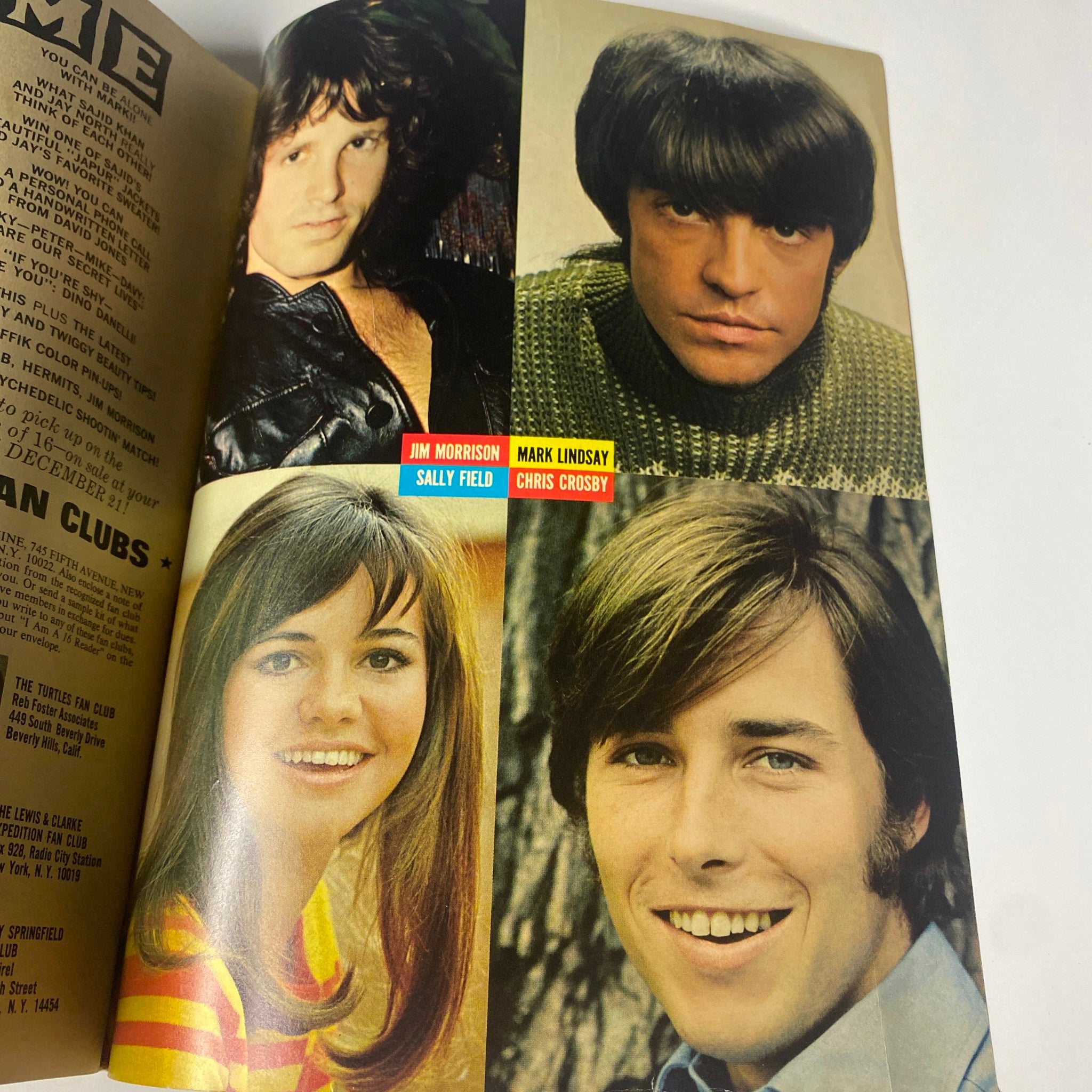 16 Magazine January 1968 Vol 9 No. 8 includes a collage of popular artists from the era, featuring Jim Morrison, Mark Lindsay, Sally Field, and Chris Crosby.