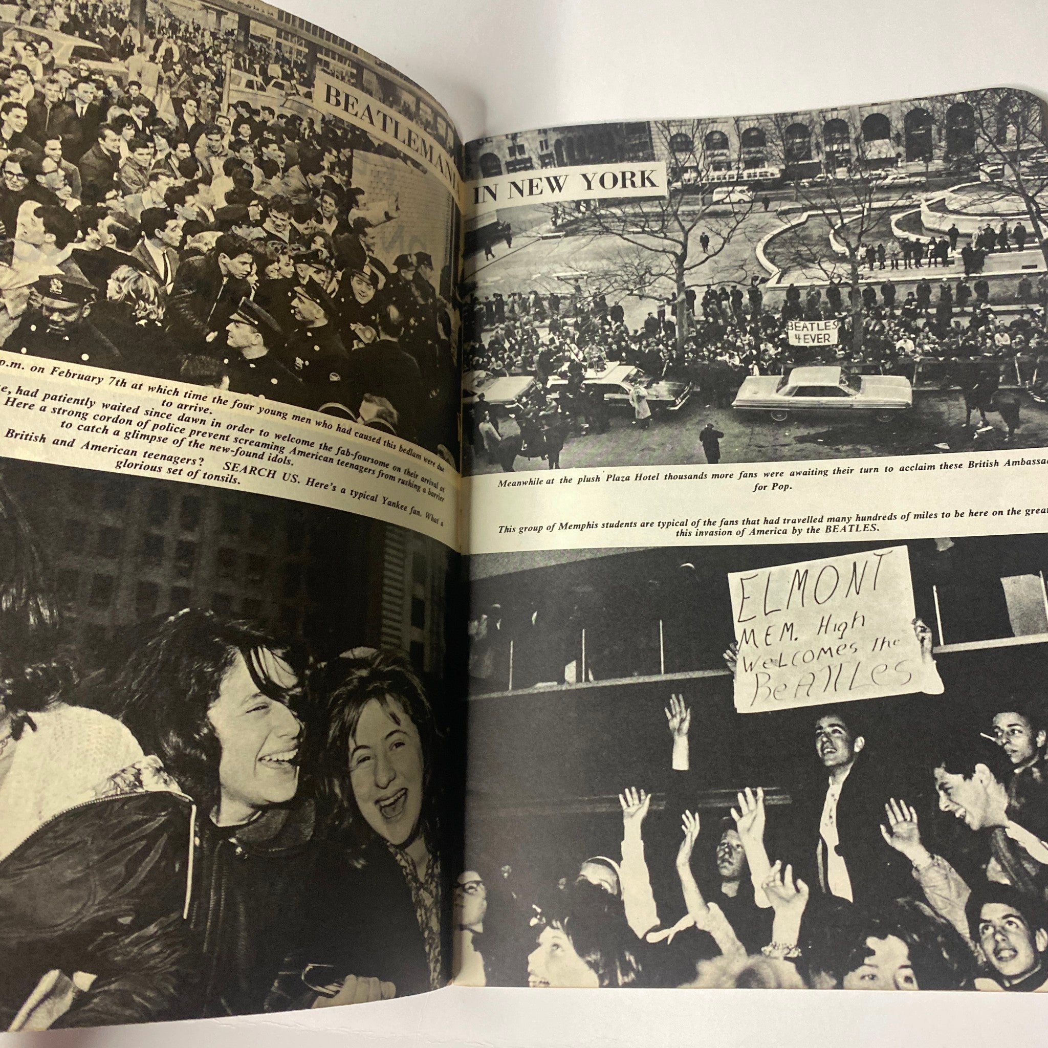 Interior pages of '1964 Beatles on Broadway' depicting enthusiastic fans welcoming The Beatles in New York.