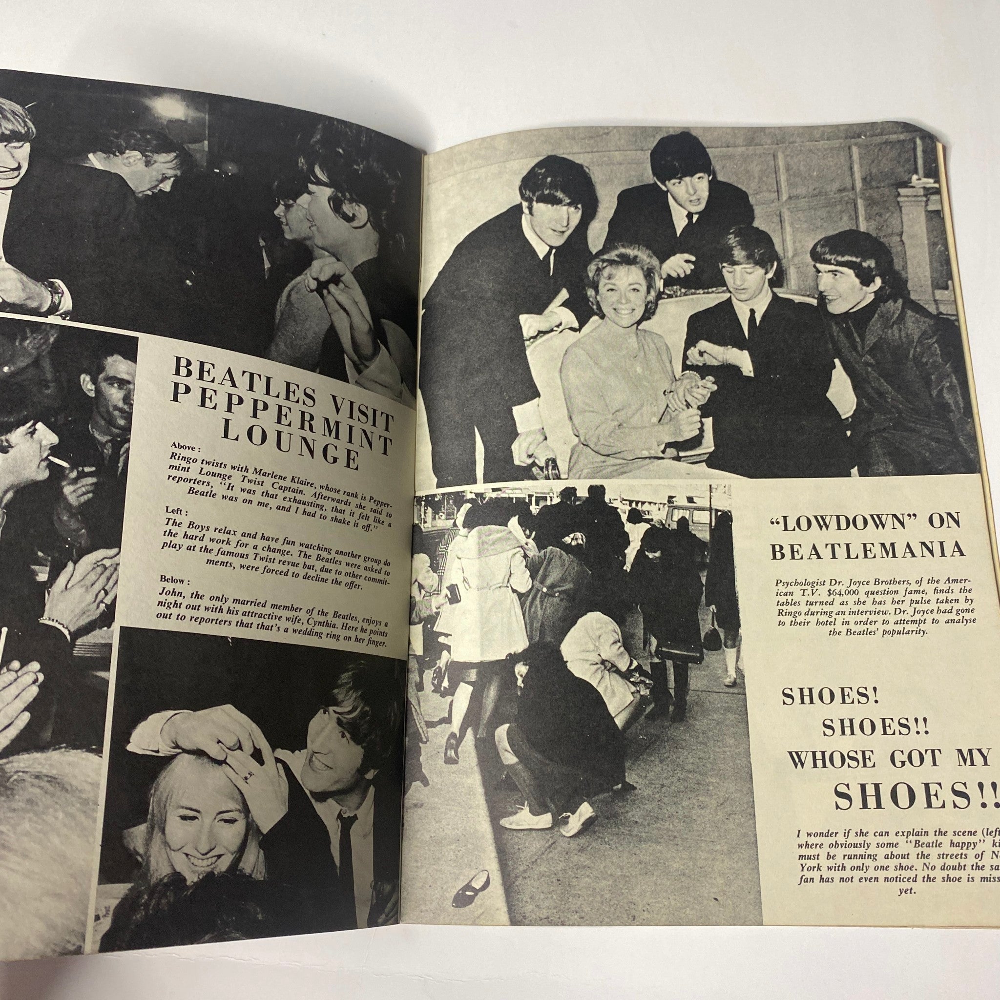 1964 Beatles on Broadway featuring the 'Beatles Visit Peppermint Lounge' and 'Lowdown on Beatlemania' segments, capturing the excitement of the band with fans and an interview setting.