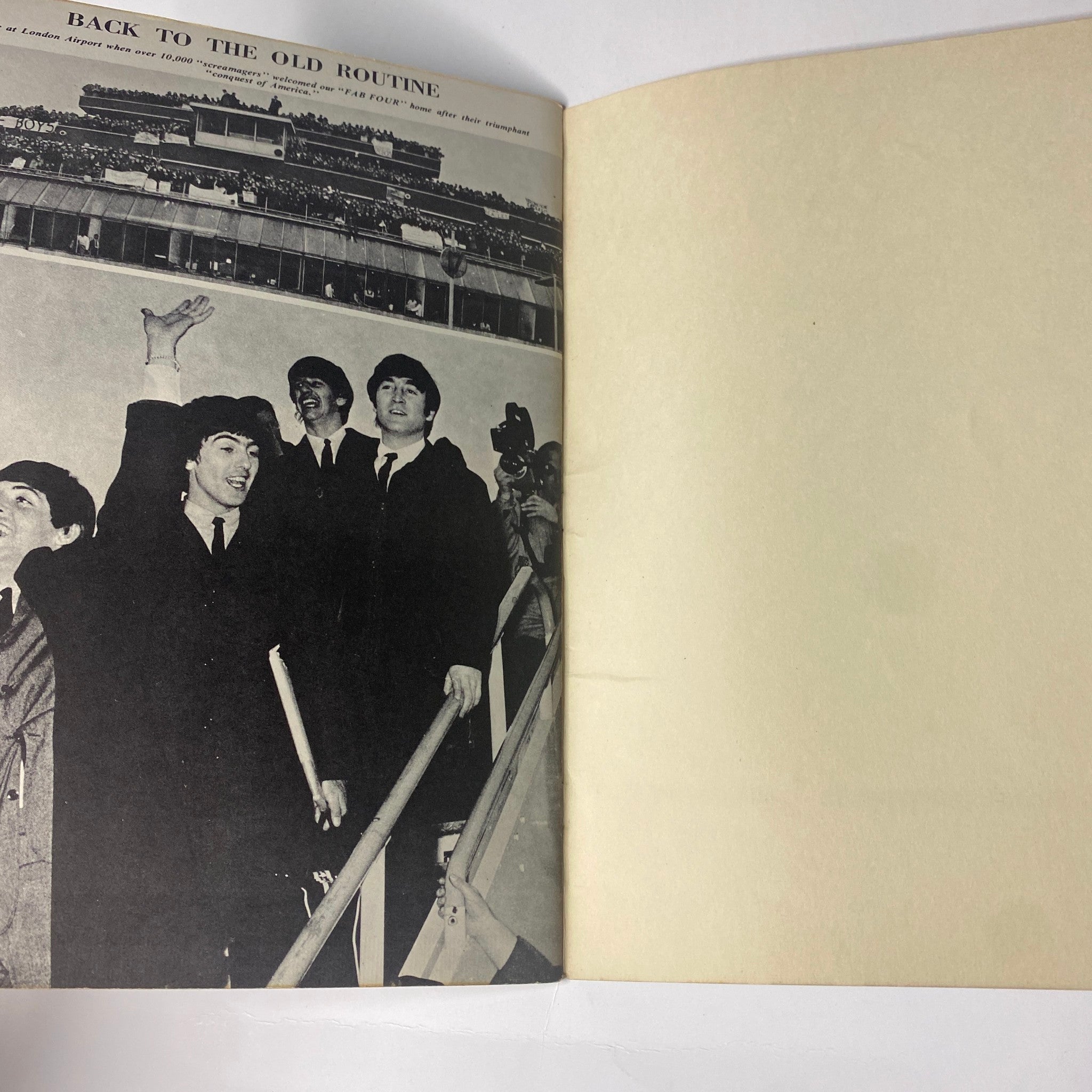 1964 Beatles on Broadway page displaying the Beatles waving and interacting with crowds, emphasizing their return to routine amidst fanfare during their U.S. tour.