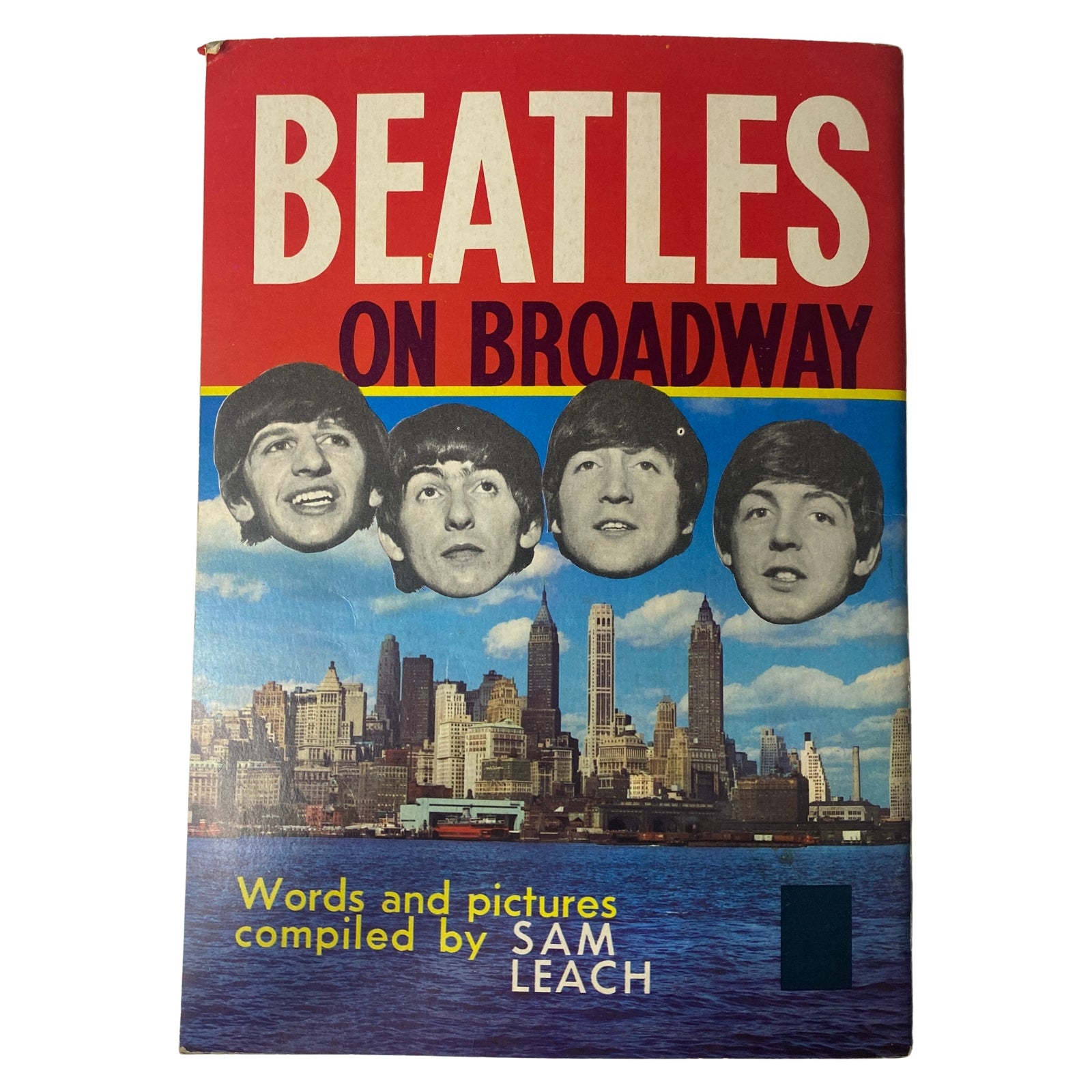 Cover of 1964 Beatles on Broadway by Sam Leach, portraying iconic Beatles faces against a city skyline, representing their monumental presence during the British Invasion.