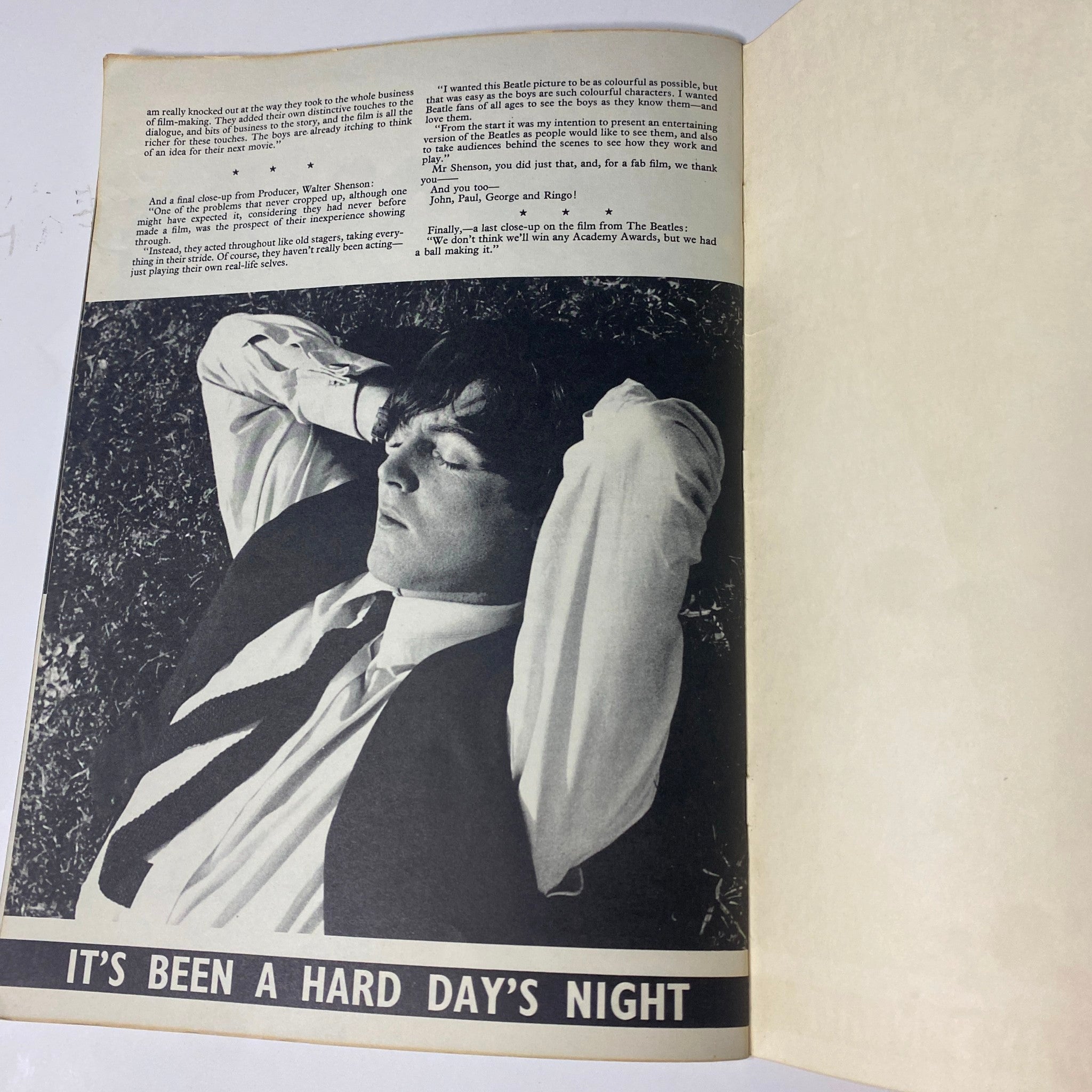 Final interior page of the 1964 The Beatles Starring in A Hard Day's Night Official Souvenir Book, displaying a candid image of Paul McCartney with reflective text discussing the film.