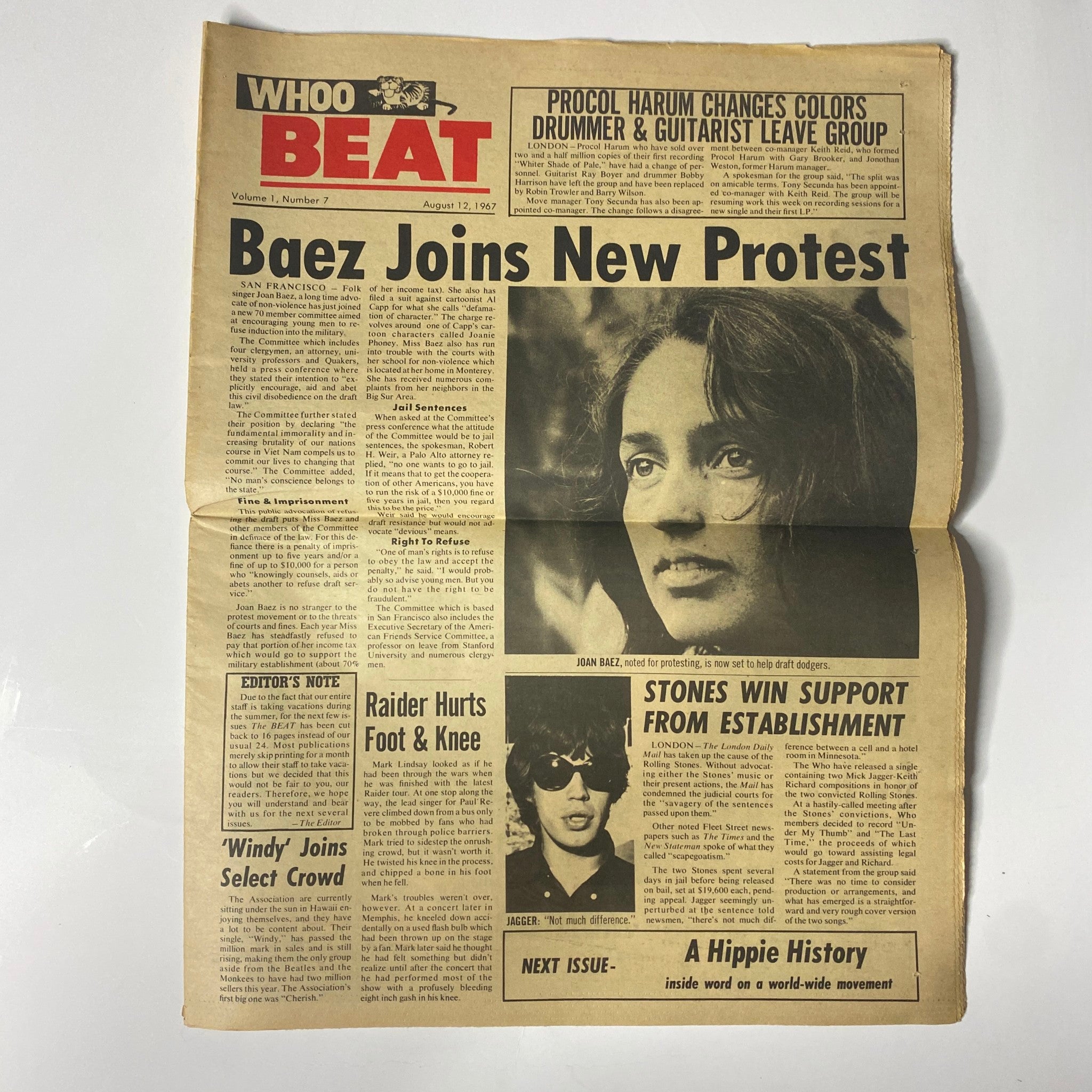 Whoo Beat Tabloid Magazine August 12, 1967 showcasing Baez joins new protest headline alongside news about The Rolling Stones and cultural commentary from the Summer of Love.