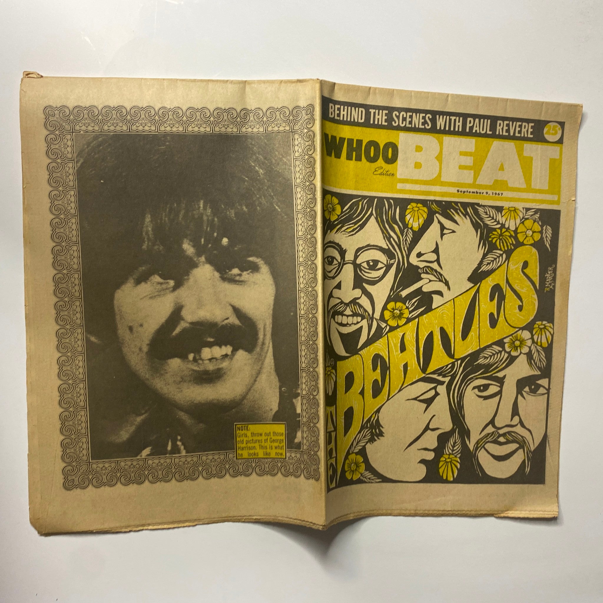 Inside spread of Whoo Beat Tabloid Magazine September 9, 1967 Vol 1 No 9, showcasing a close-up photograph of George Harrison alongside The Beatles artwork.