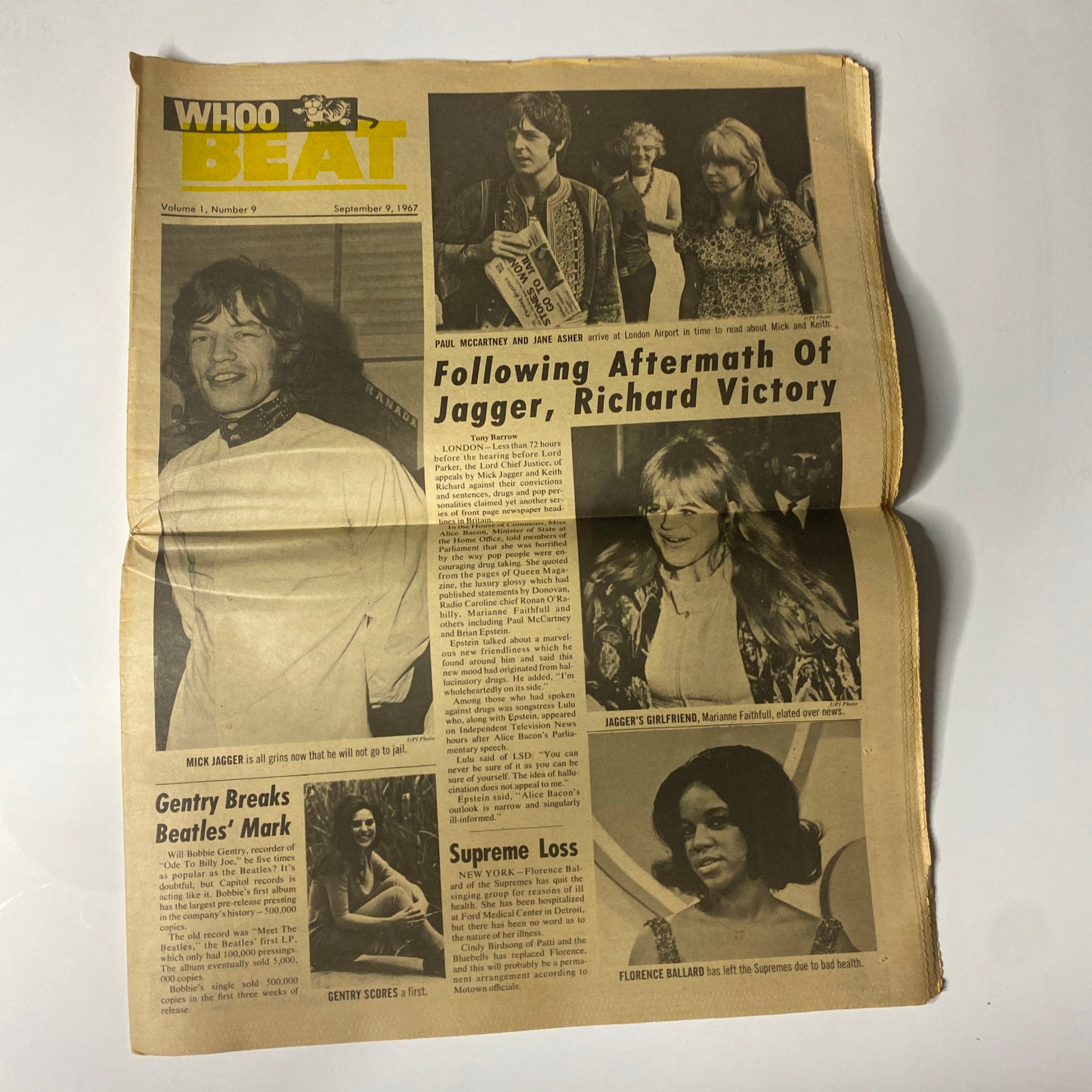 Full page of Whoo Beat Tabloid Magazine September 9, 1967 Vol 1 No 9 covering the aftermath of Mick Jagger and Keith Richard's legal victory, featuring images of Mick Jagger and Marianne Faithfull.
