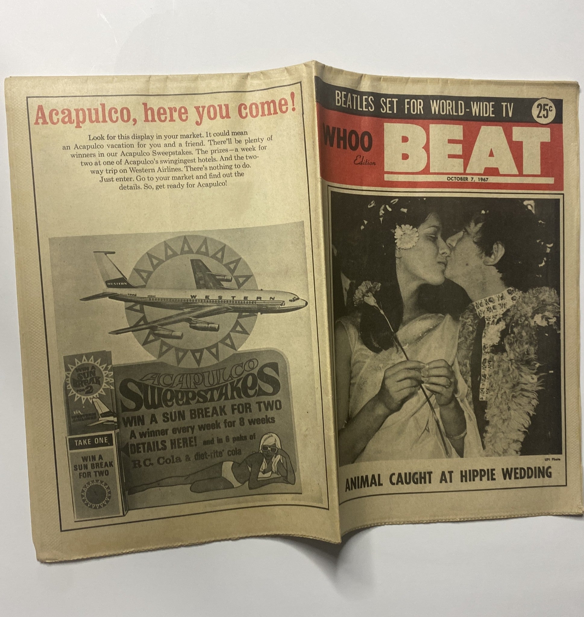 Inside view of Whoo Beat Tabloid Magazine from October 7, 1967 showcasing an advertisement for Acapulco trips alongside the main image of a couple at a hippie wedding.