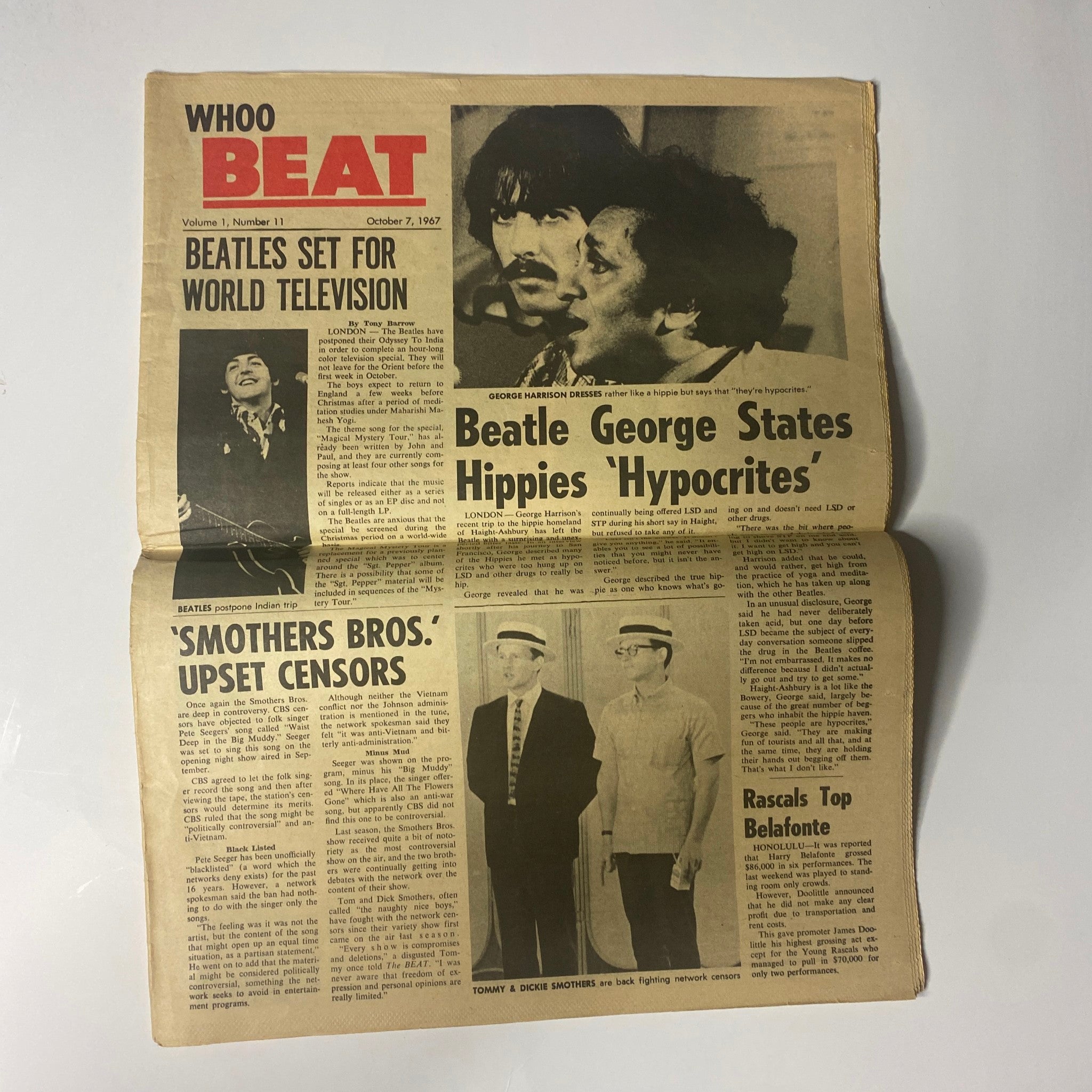 Another page from Whoo Beat Tabloid Magazine October 7, 1967 highlighting articles on The Beatles preparing for world television, George Harrison's views on hippies, and censorship controversies.