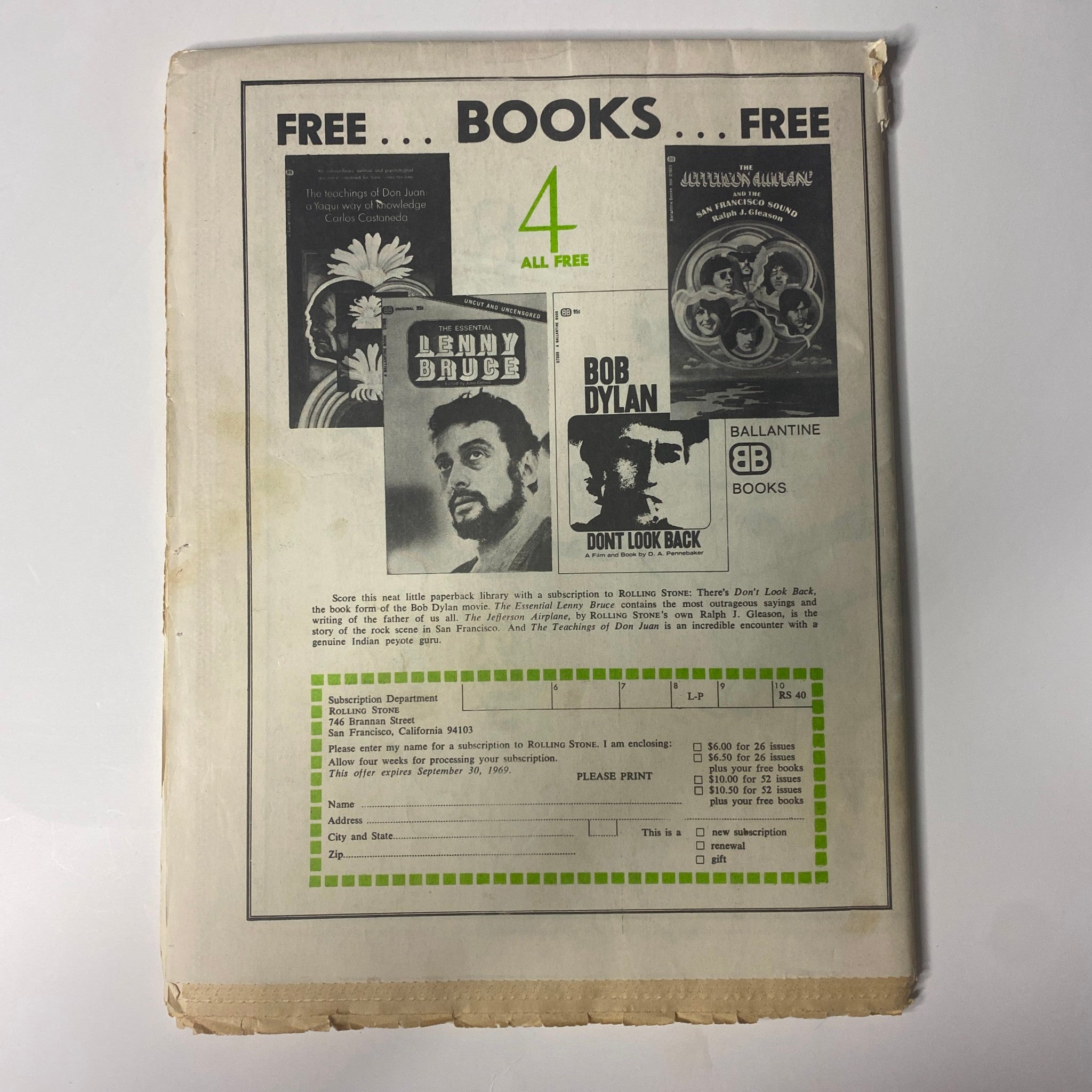 Back cover of Rolling Stone Magazine August 23, 1969 showcasing advertisements for free books including works by Lenny Bruce and Bob Dylan.