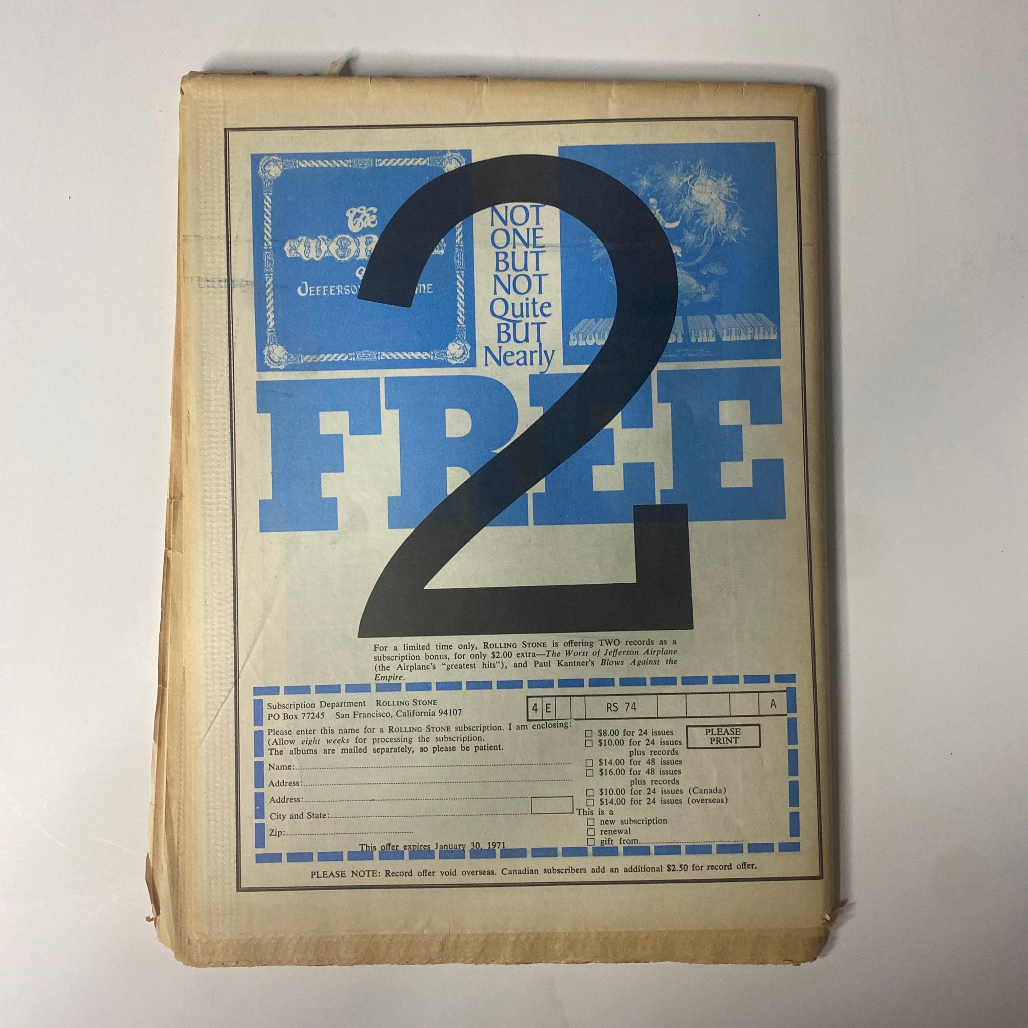 Vintage Rolling Stone Magazine January 21, 1971 featuring John Lennon on the cover, showcasing the artistic design and promotional elements, ideal for collectors and music enthusiasts.