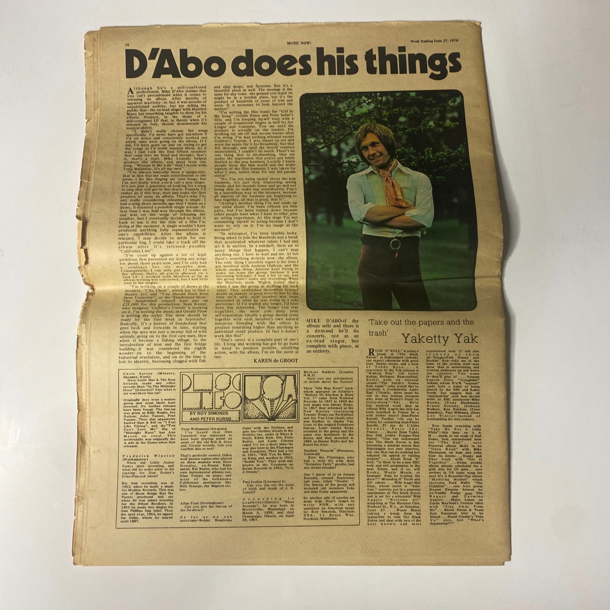 Inside page of Music Now Tabloid Magazine June 1970 Vol 1 No. 15 showcasing an article about D'Abo with a photo, reflecting the music and culture of the era.