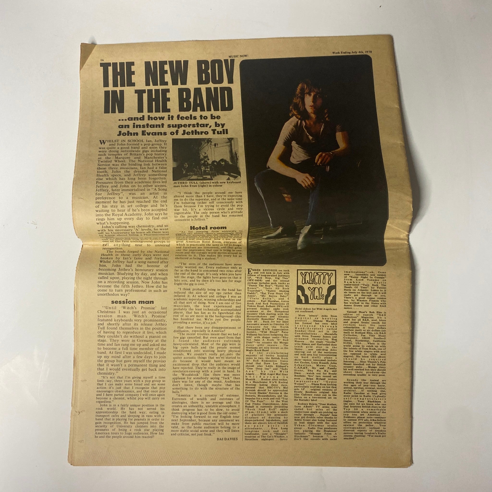 Interior page of Music Now Tabloid Magazine July 1970 Vol 1 No. 16 showcasing an article titled 'The New Boy in the Band' about John Evans of Jethro Tull.