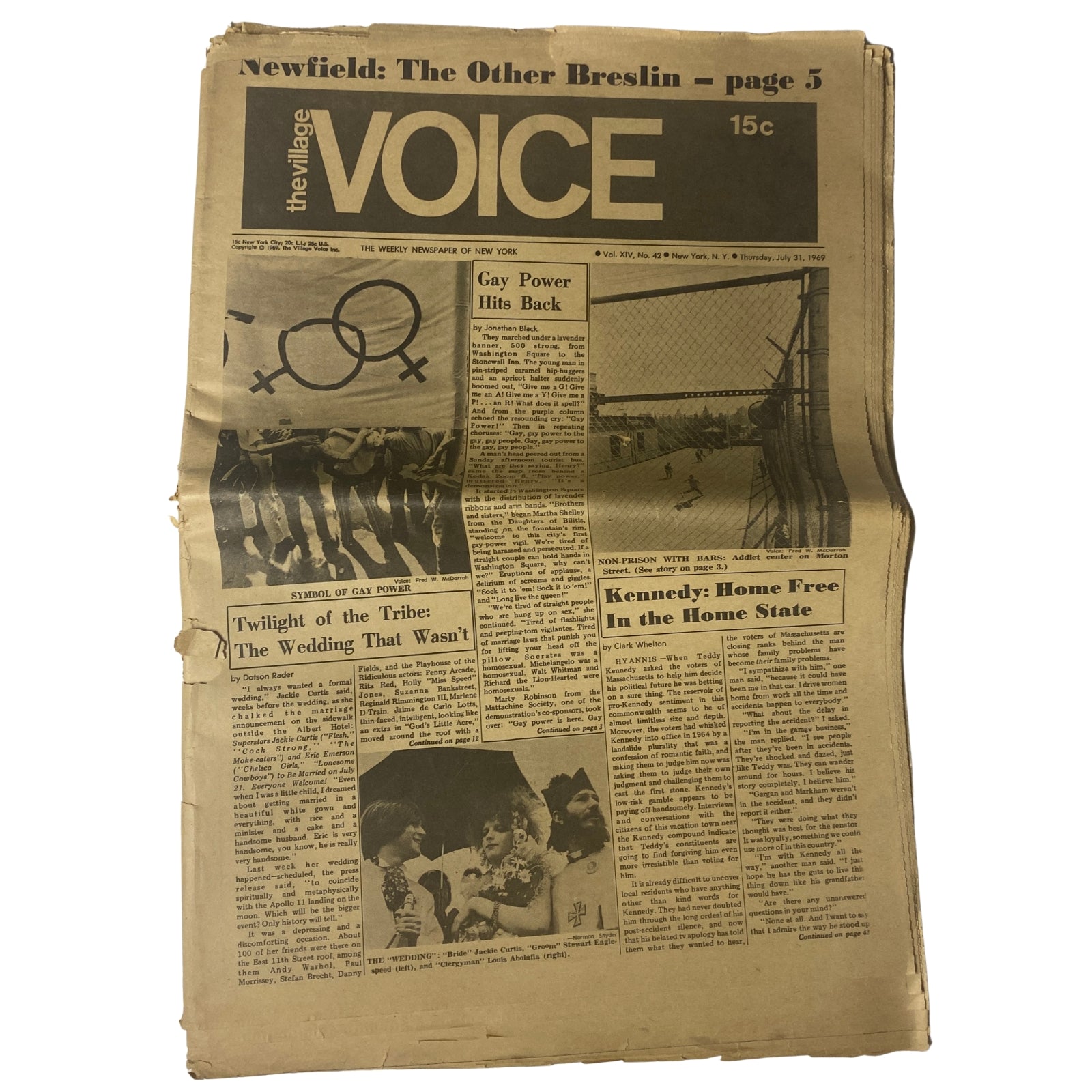 Cover of The Village Voice Tabloid Magazine from July 1969 featuring Teddy Kennedy, discussing the political climate and Gay Power movement.