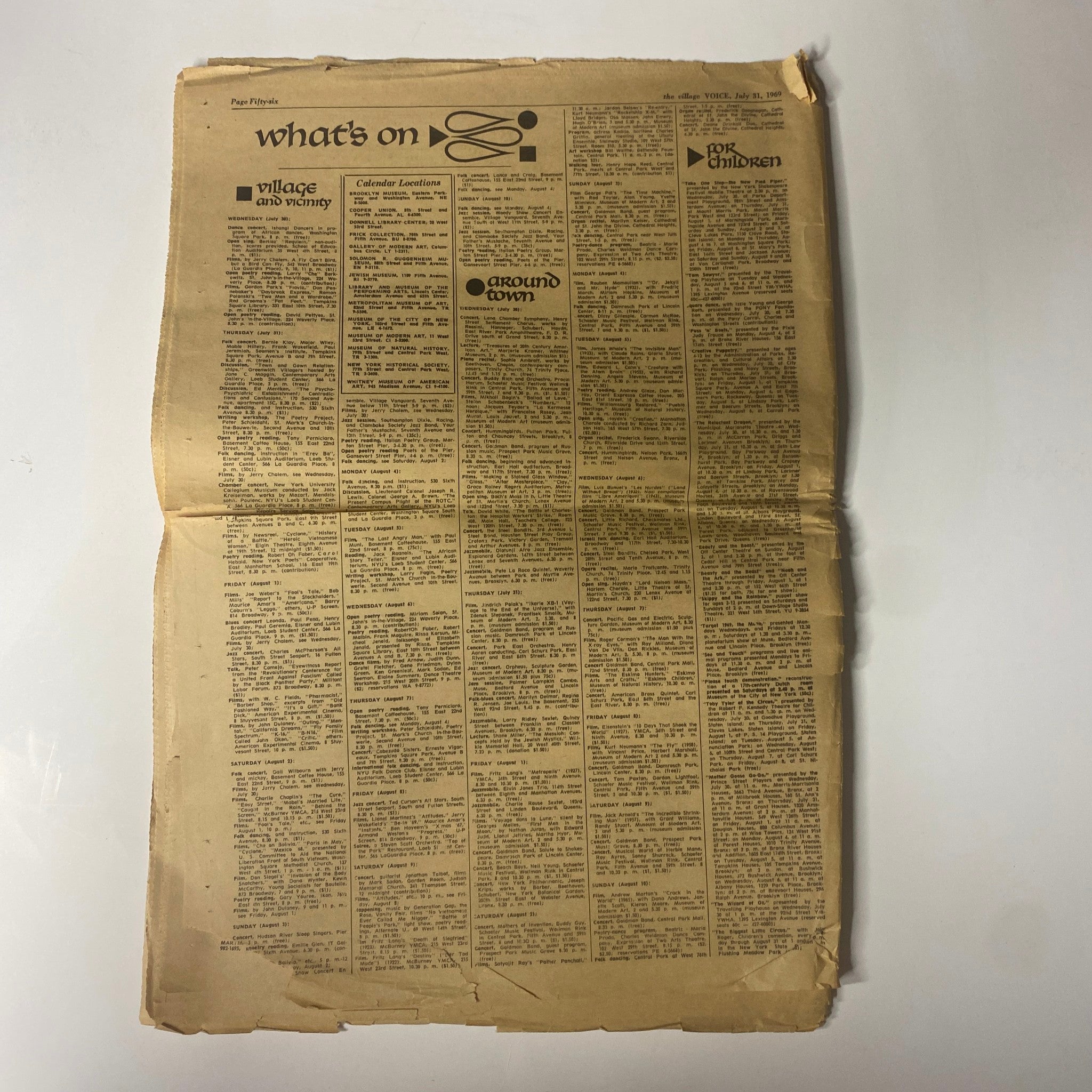 Inside page of The Village Voice Tabloid Magazine July 1969 showing events listings and features, reflective of the cultural atmosphere of the era.