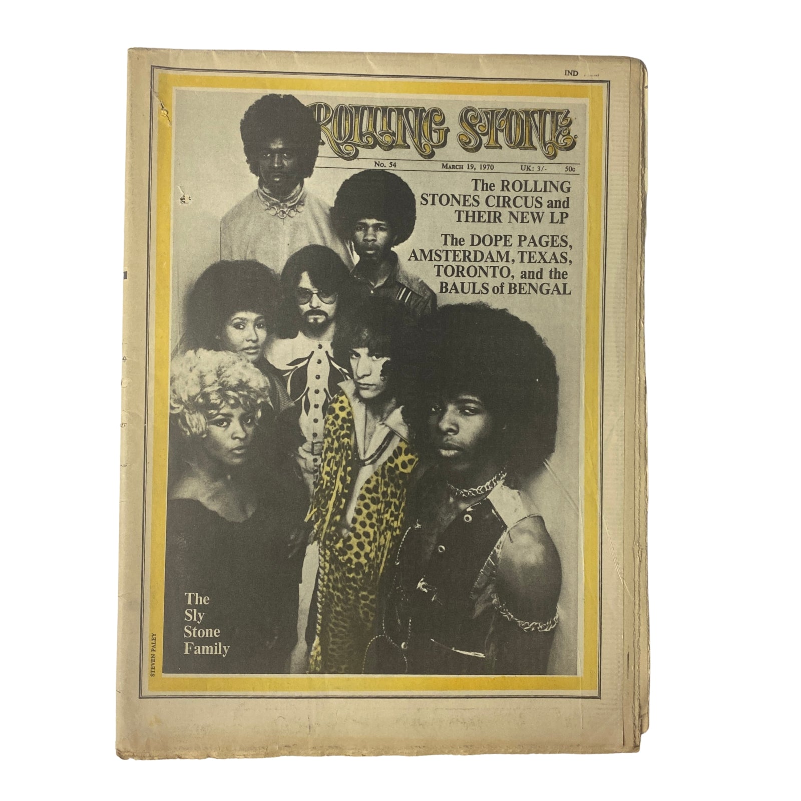 Rolling Stone Magazine March 19, 1970 No. 54 featuring The Sly Stone Family on the cover, showcasing the iconic multi-ethnic band known for their dynamic funk and soul music.