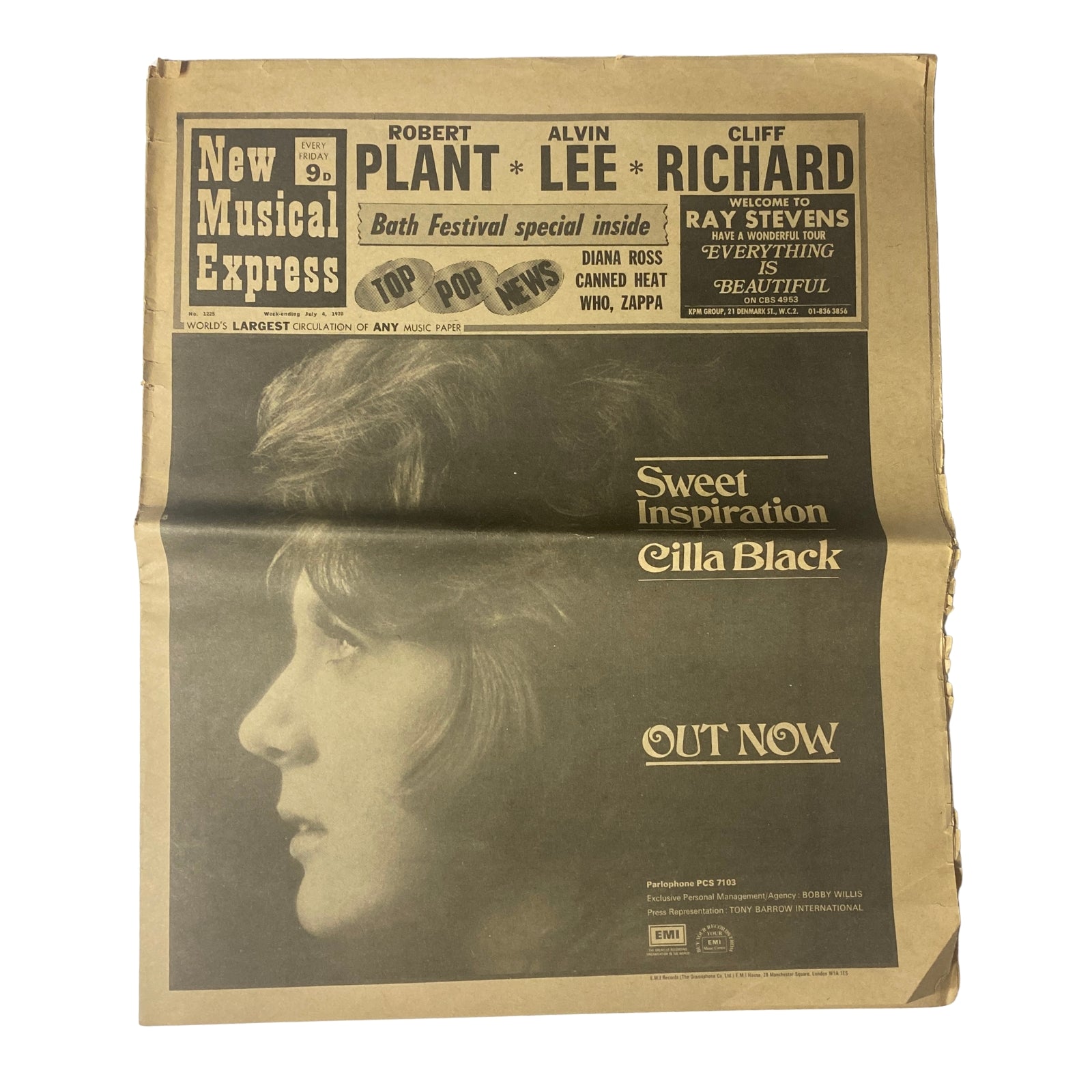Cover of New Musical Express Music Paper July 1970 No. 1225 featuring Cilla Black and highlights on Robert Plant, Alvin Lee, and Cliff Richard.