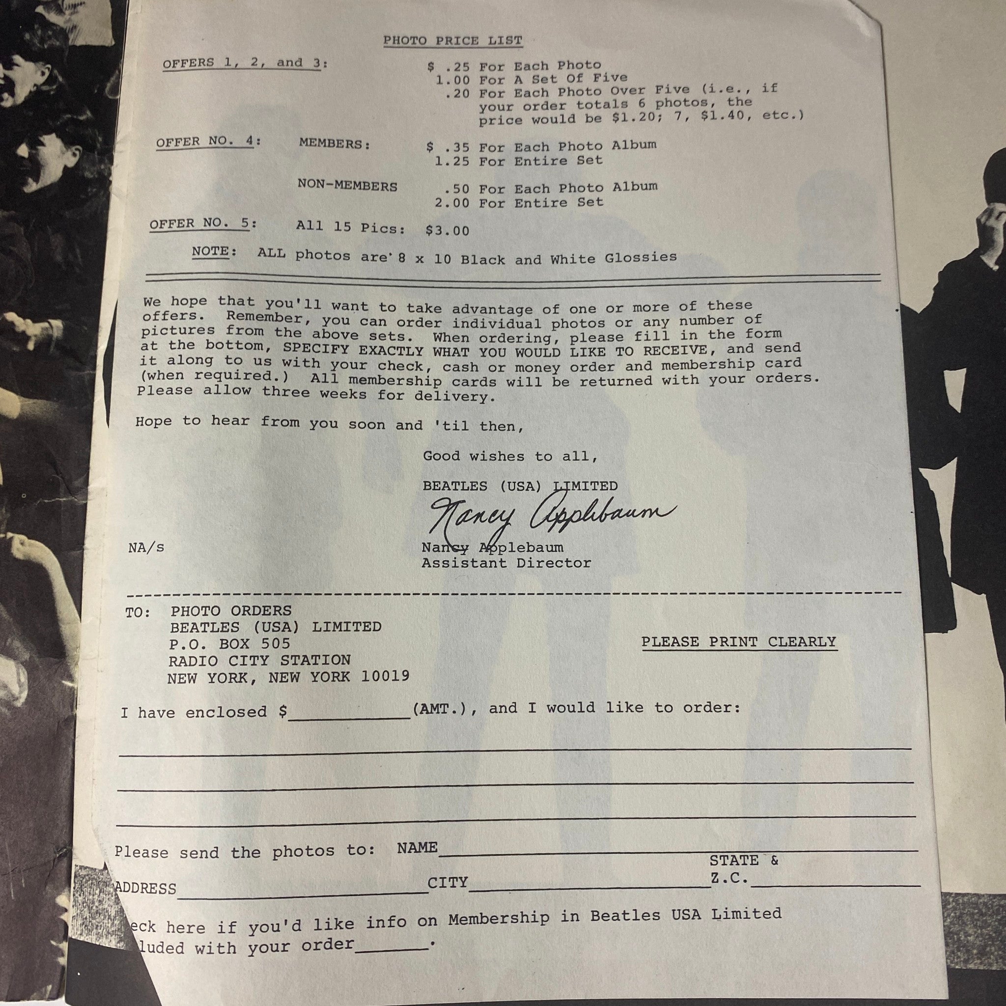 Another inside page from the 1964 Beatles (U.S.A.) Ltd. Limited Tour Program Book, displaying the photo price list and order form for exclusive Beatles images.