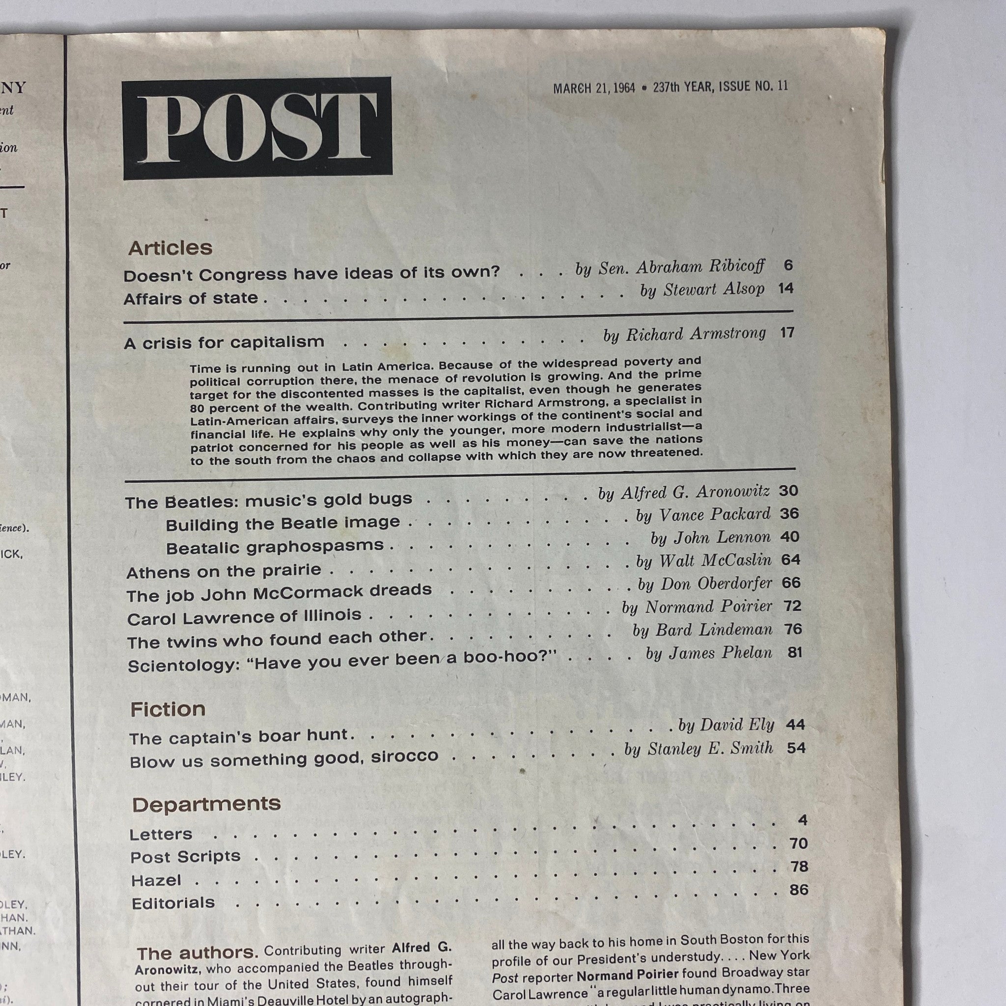 Inside page of The Saturday Evening Post, March 21, 1964, displaying a table of contents with articles including coverage of The Beatles, highlighting their impact on music and culture.