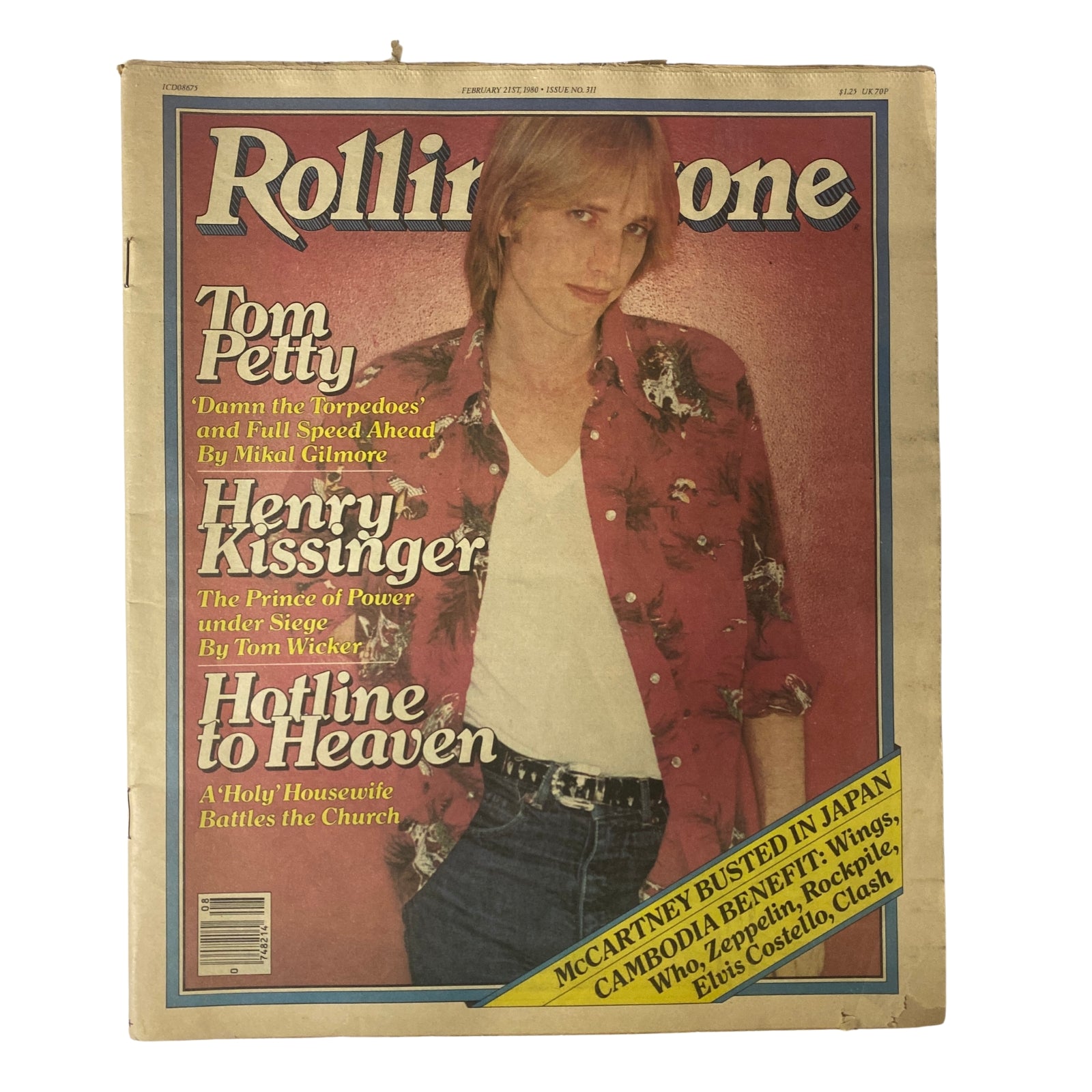Rolling Stone Magazine February 21, 1980 Cover featuring Tom Petty dressed in a patterned shirt, highlighting articles on prominent subjects including Henry Kissinger and additional music features.