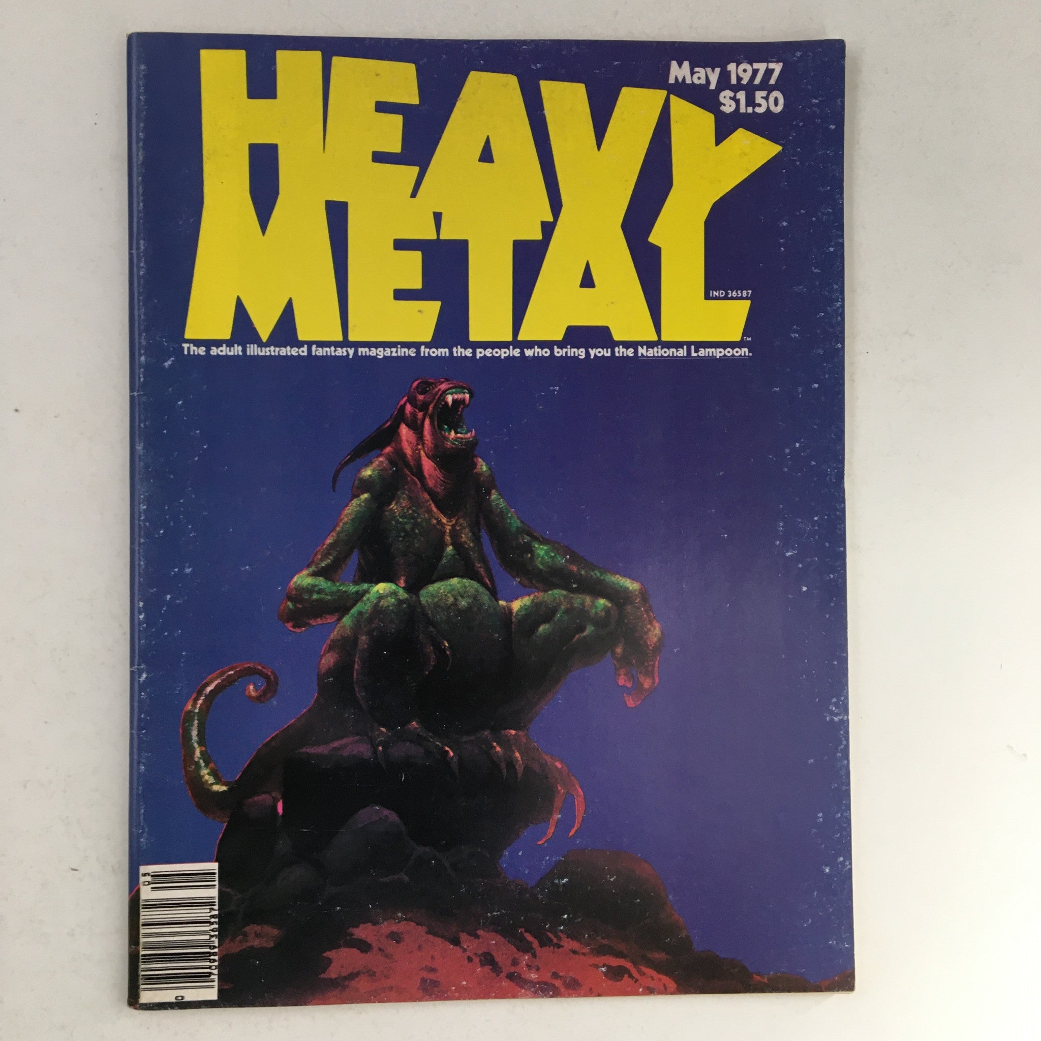 Cover of Heavy Metal Magazine May 1977 featuring vibrant artwork and the title prominently displayed. This issue includes the story 'The Star-Death of Margaret Omali'.