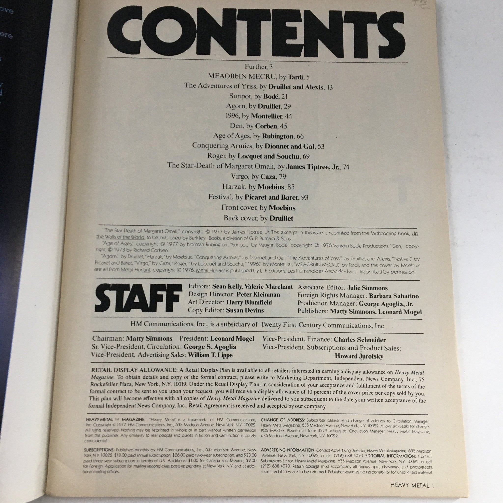 Contents page of Heavy Metal Magazine May 1977, detailing featured stories including 'The Star-Death of Margaret Omali' and various contributions by notable artists and writers.