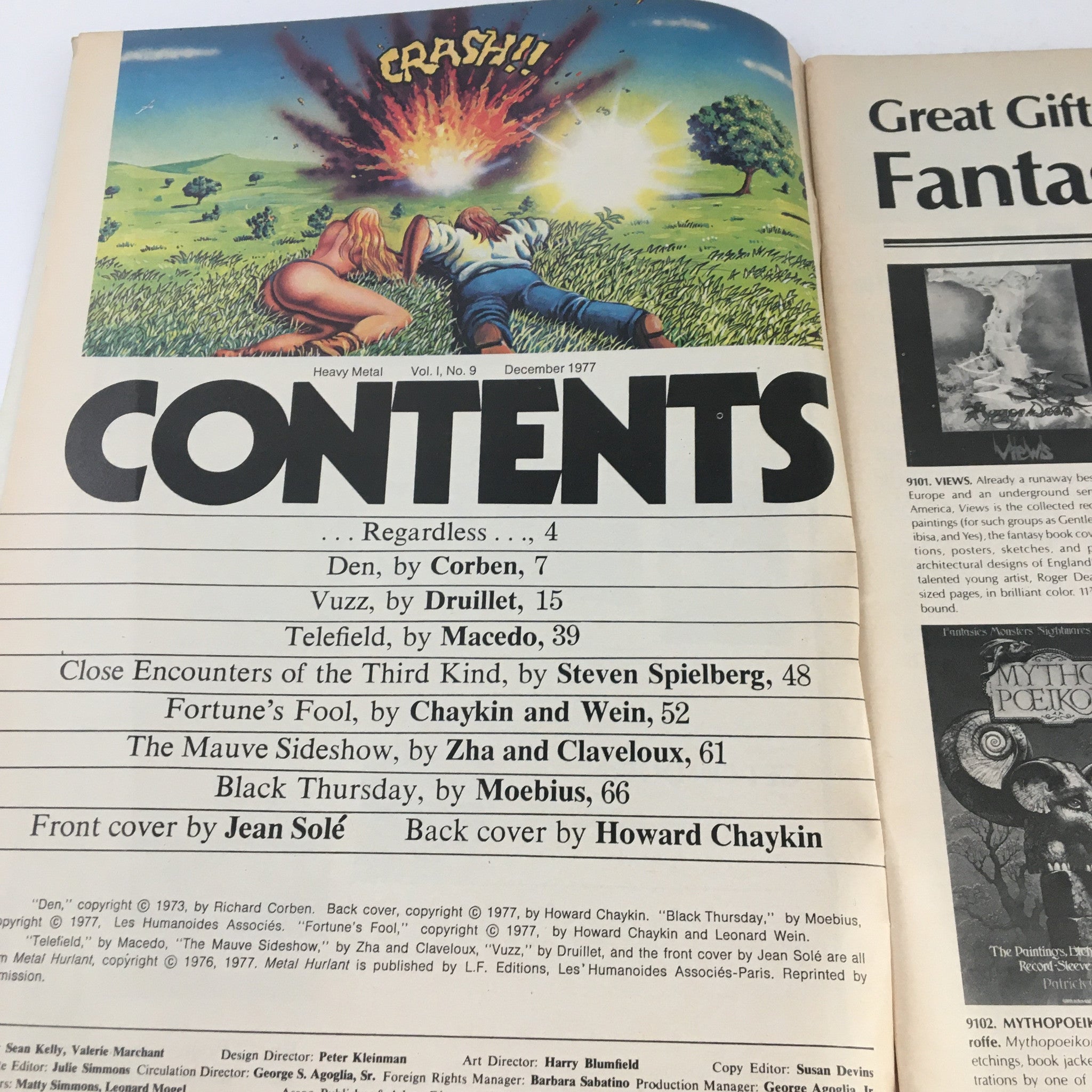 Contents page of Heavy Metal Magazine December 1977 outlining featured stories, including Vuzz by Druillet, accompanied by vibrant artwork and a crash scene illustration.