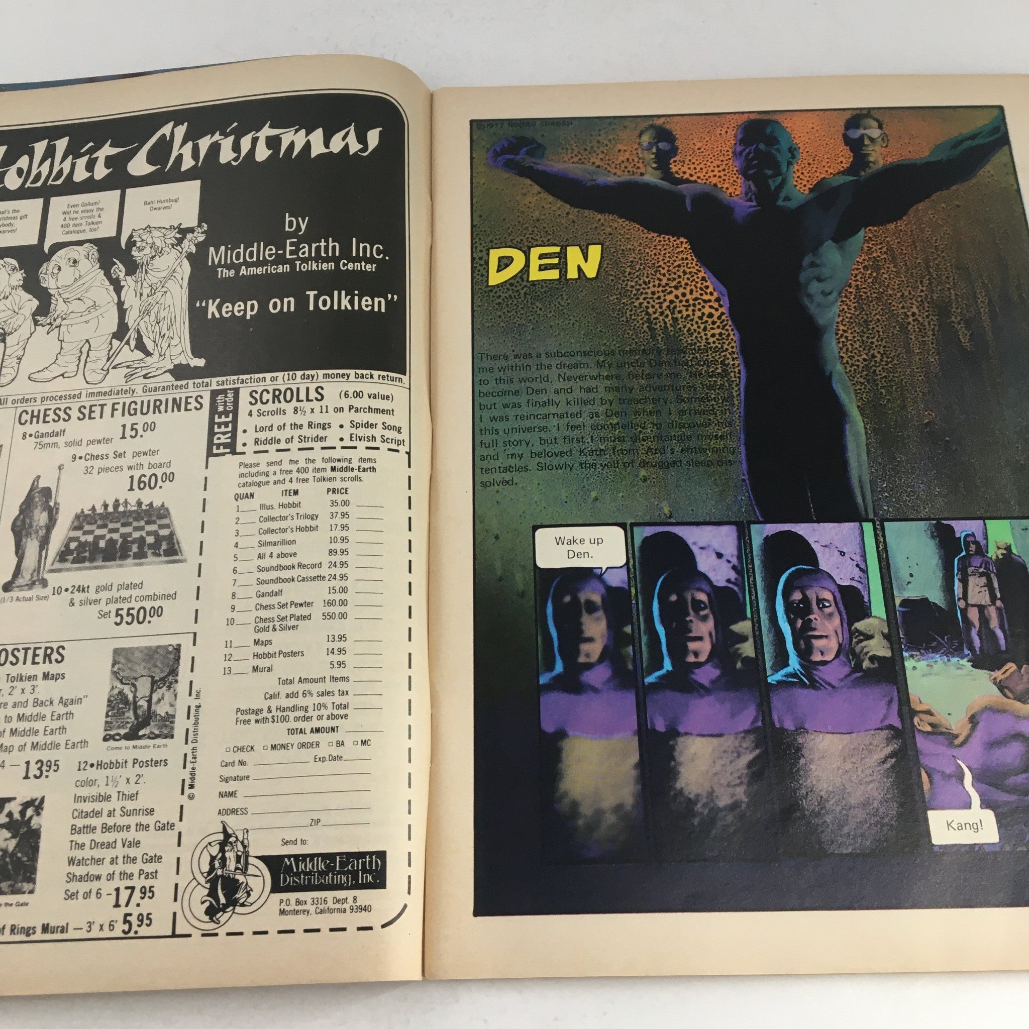 Inside pages of Heavy Metal Magazine December 1977 showcasing the advertisement for Middle-Earth Inc. and a page from the comic 'Den' featuring dramatic illustrations.
