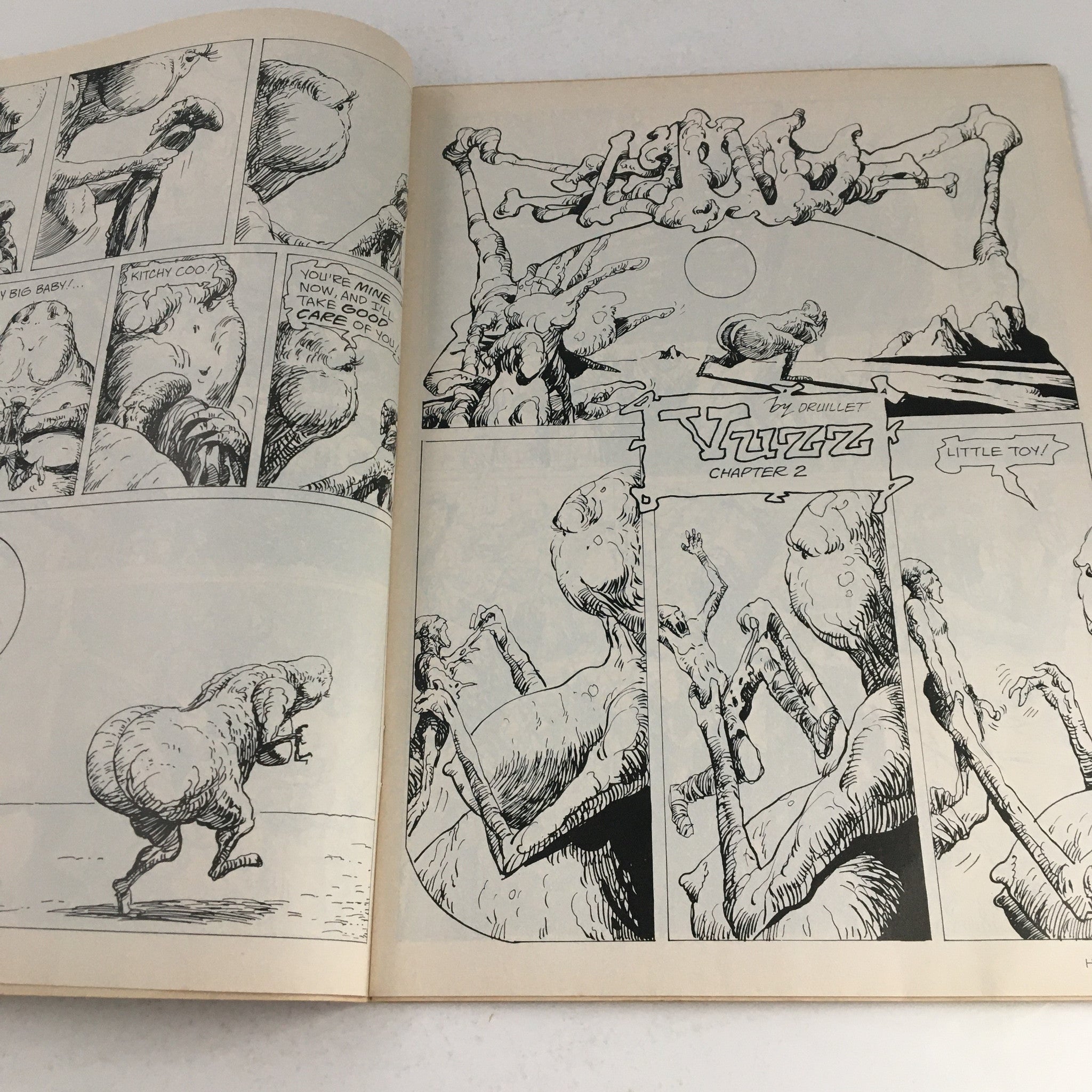Illustrated pages from Heavy Metal Magazine December 1977 featuring 'Vuzz Chapter 2' by Druillet, showcasing unique character designs and dynamic artwork.