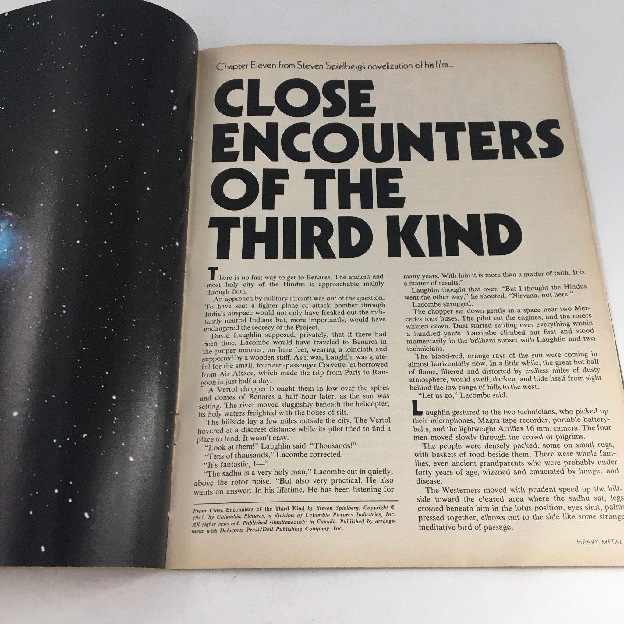 Inside content of Heavy Metal Magazine December 1977 featuring text from 'Close Encounters of the Third Kind', highlighting its narrative style and cosmic themes.