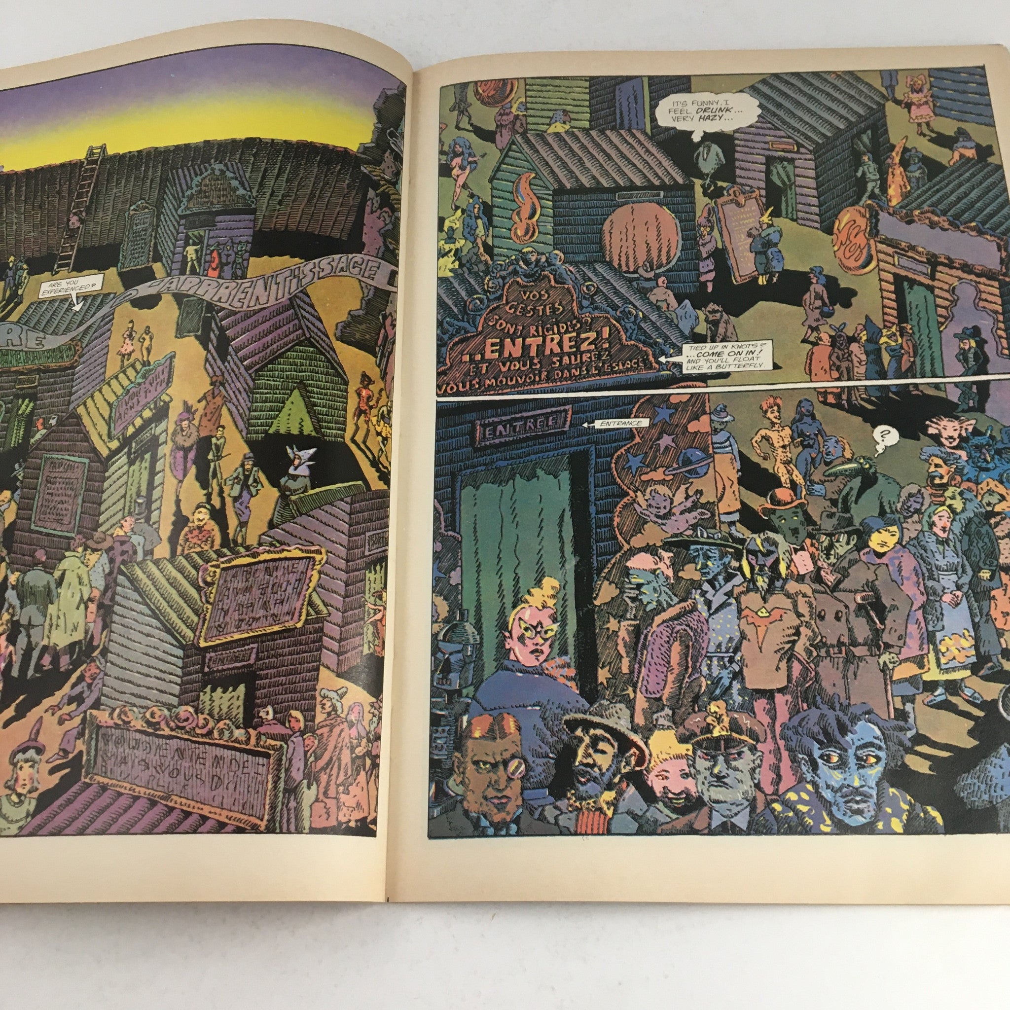 Artwork from Heavy Metal Magazine December 1977 illustrating a bustling, colorful scene with fantastical characters, capturing the essence of avant-garde storytelling.