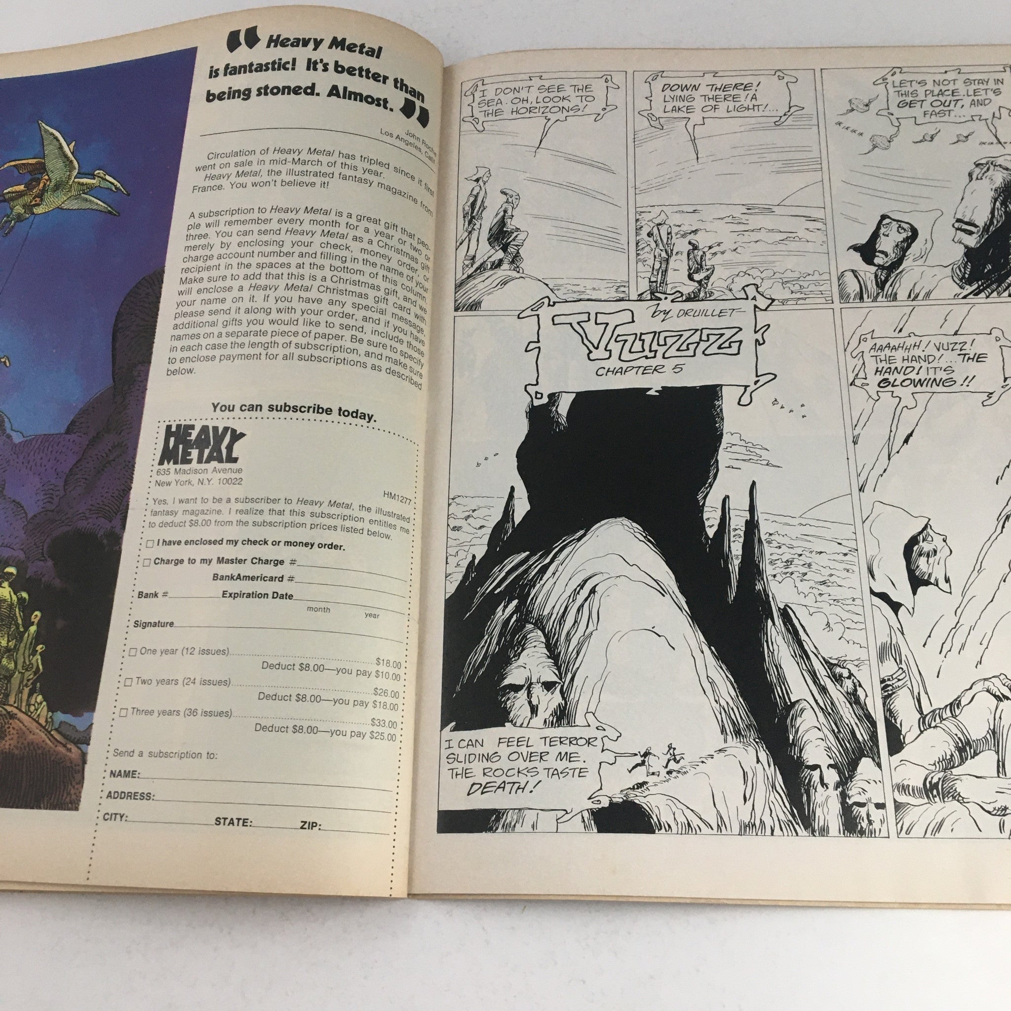Heavy Metal Magazine December 1977 - Vuzz Chapter 2 by Druillet featuring stunning artwork and a subscription offer page.