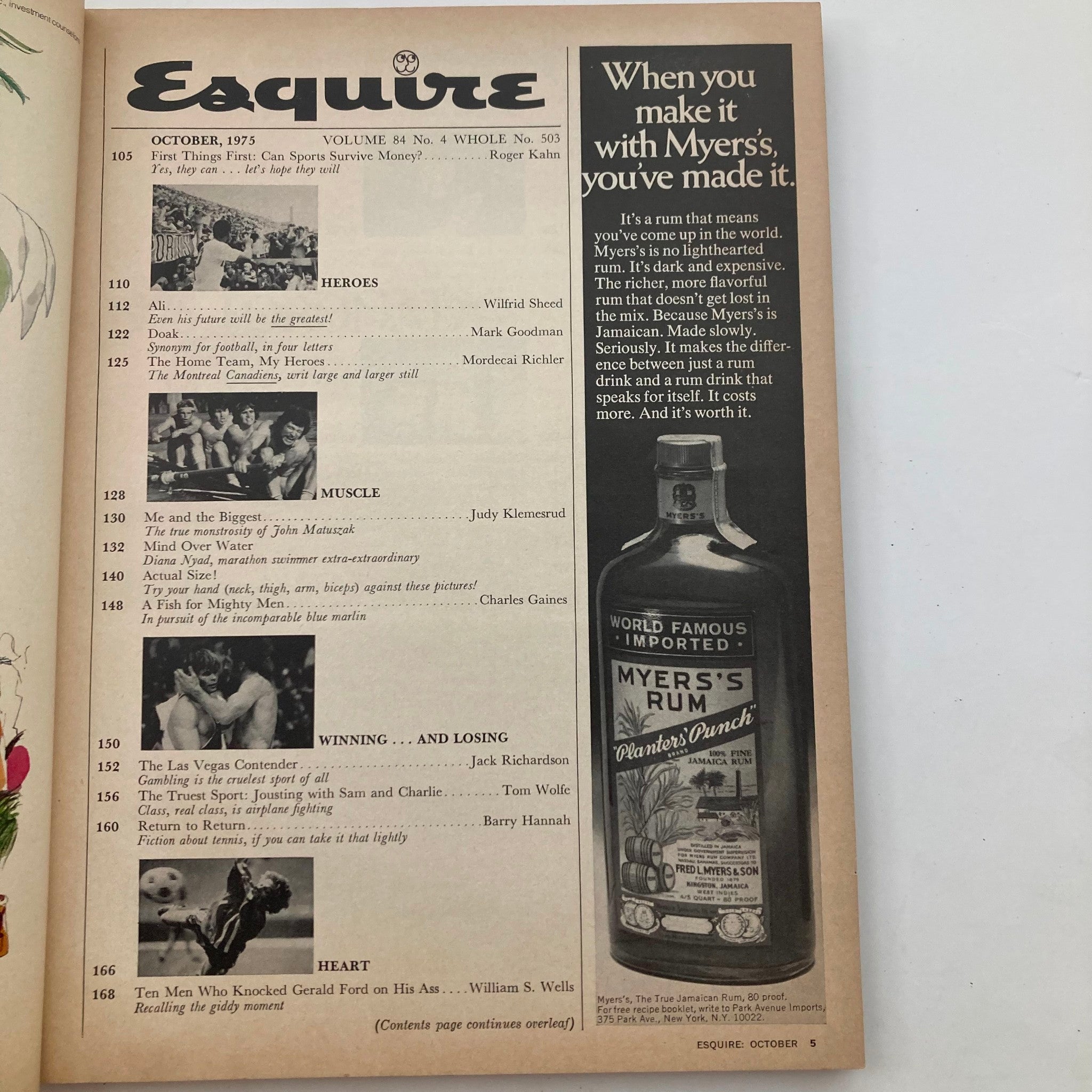 Inner page of Esquire Magazine October 1975 No. 503 displaying the table of contents, showcasing articles related to Muhammad Ali's future and other cultural reflections of the era.