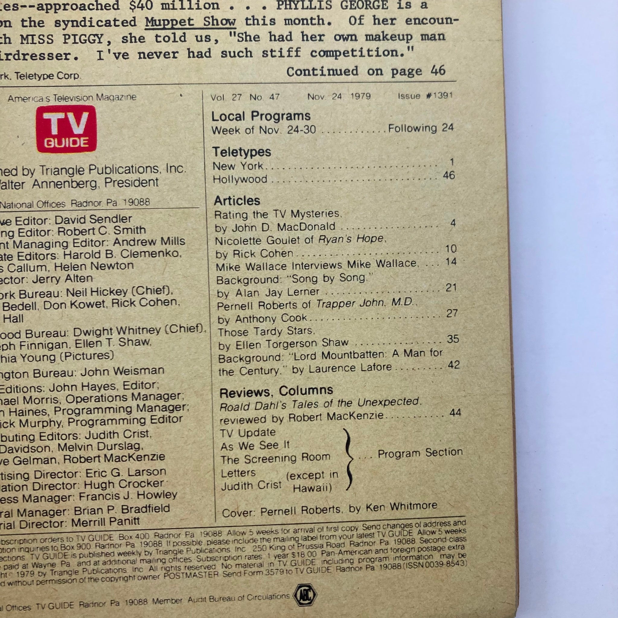 Page from TV Guide Magazine November 24 1979 #1391 displaying the table of contents, articles including 'Rating the TV Mysteries' by John D. MacDonald, and features on Pernell Roberts and Mike Wallace.
