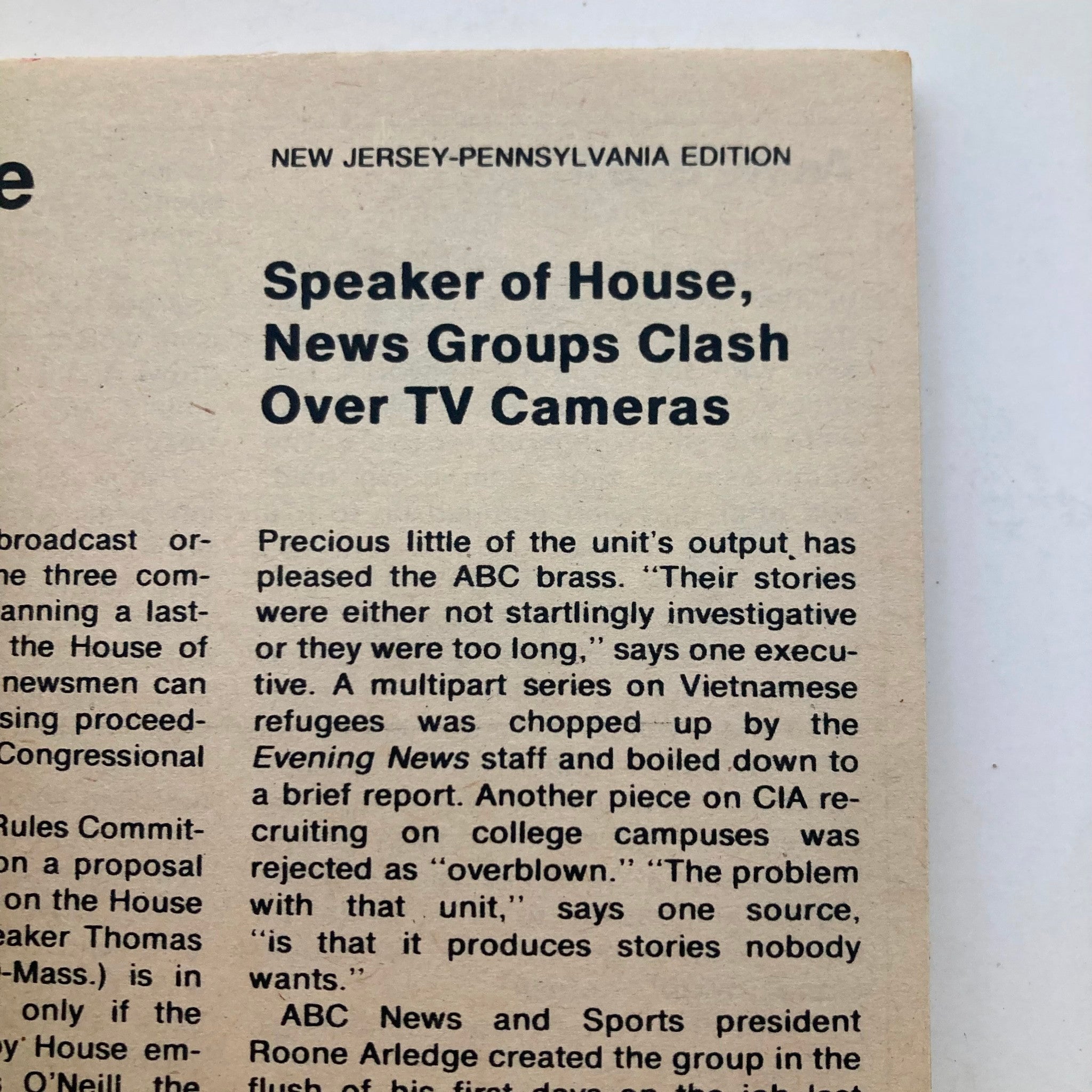 Historical article layout from the TV Guide Magazine January 14 1978 Cover by Charles Addams NJ-PA Ed. It discusses a clash between the Speaker of House and news groups over TV cameras, highlighting concerns from ABC brass regarding the investigative output of a news unit.