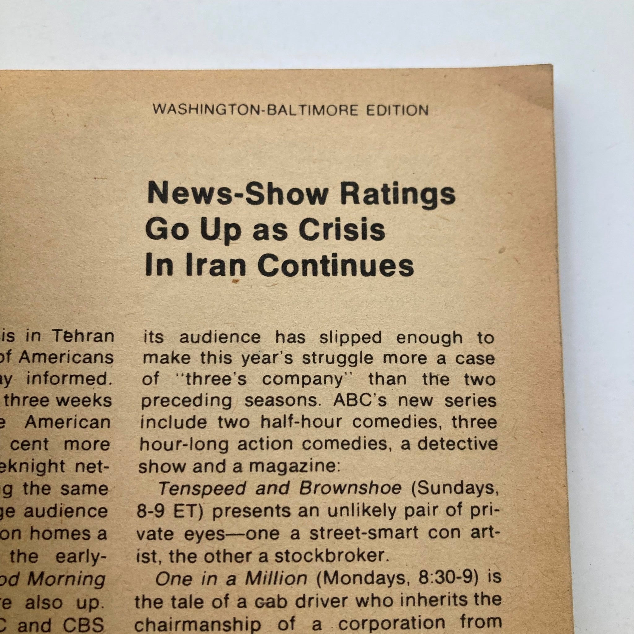 Inside page of TV Guide December 8 1979, discussing news-show ratings amidst the Iranian crisis, showcasing the context of television programming during that era.