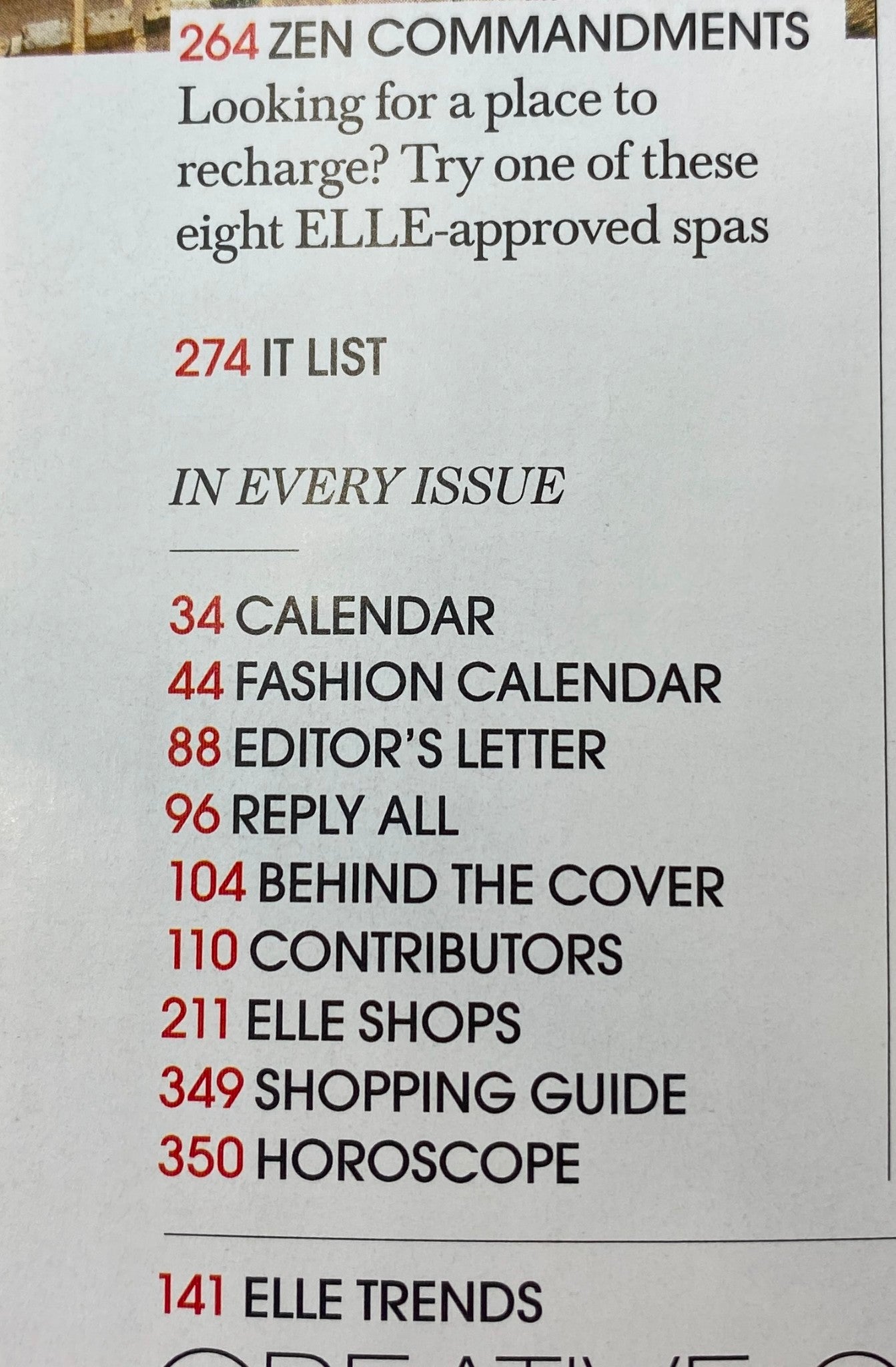 Inside page of Elle Magazine December 2014 highlighting the table of contents, with sections like calendar, fashion guide, and editor's letter.