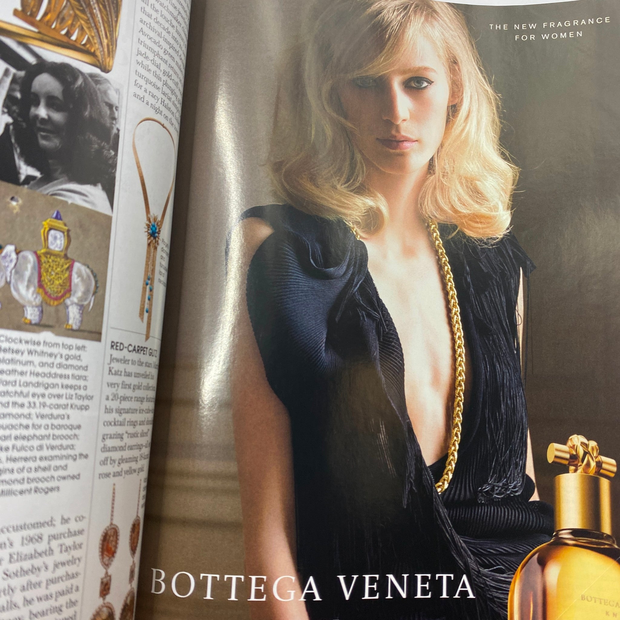 Inside advertisement from Elle Magazine December 2014 for Bottega Veneta's new fragrance, featuring a model in elegant attire.
