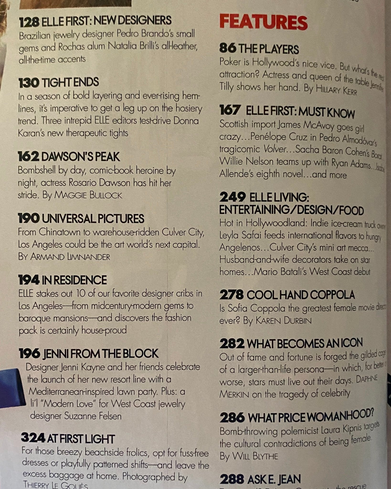 Interior page of Elle Magazine November 2006, featuring sections on new designers and celebrity insights, including the article 'Dawson's Peak' about actress Rosario Dawson.