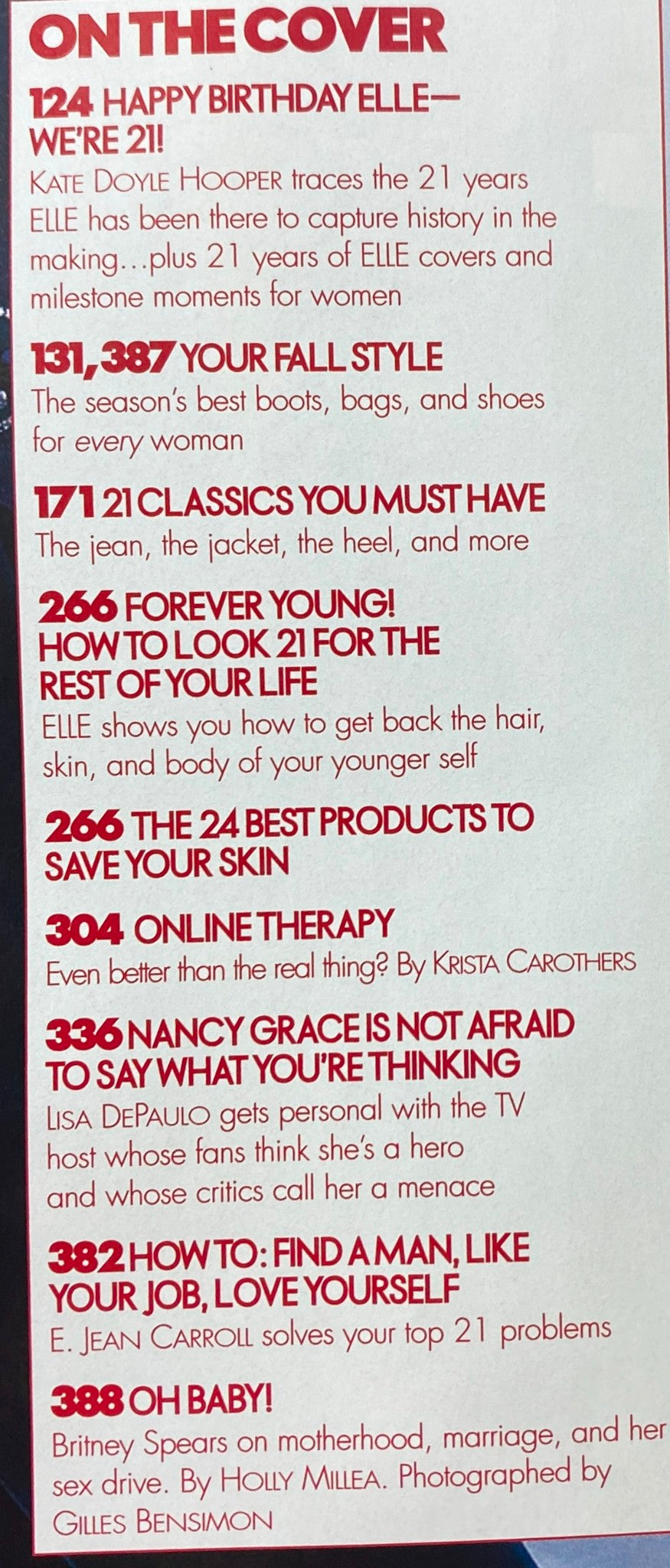 Interior page of Elle Magazine October 2005 detailing the cover story and notable articles including a feature on Britney Spears and fashion classics of the season.