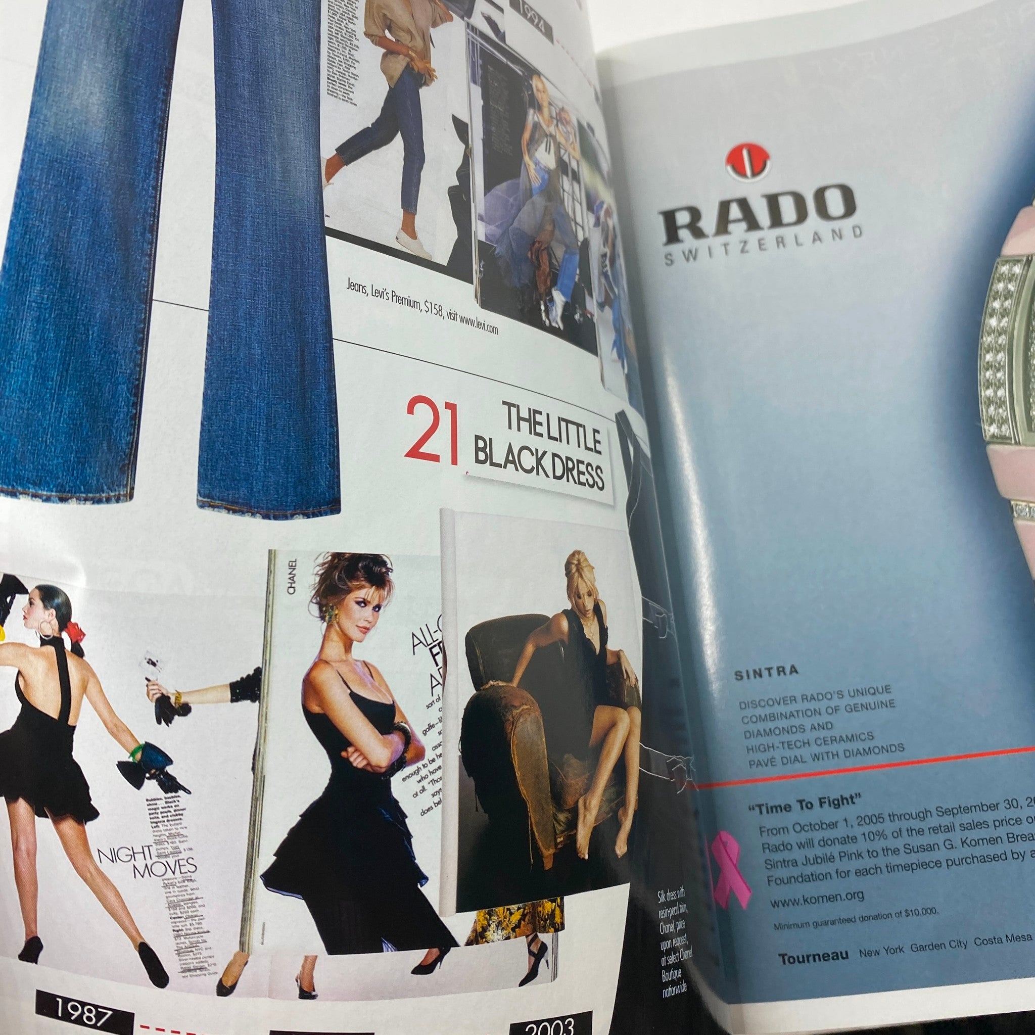 Spread from Elle Magazine October 2005 displaying iconic fashion pieces such as the little black dress, emphasizing timeless styles and elegant accessories.