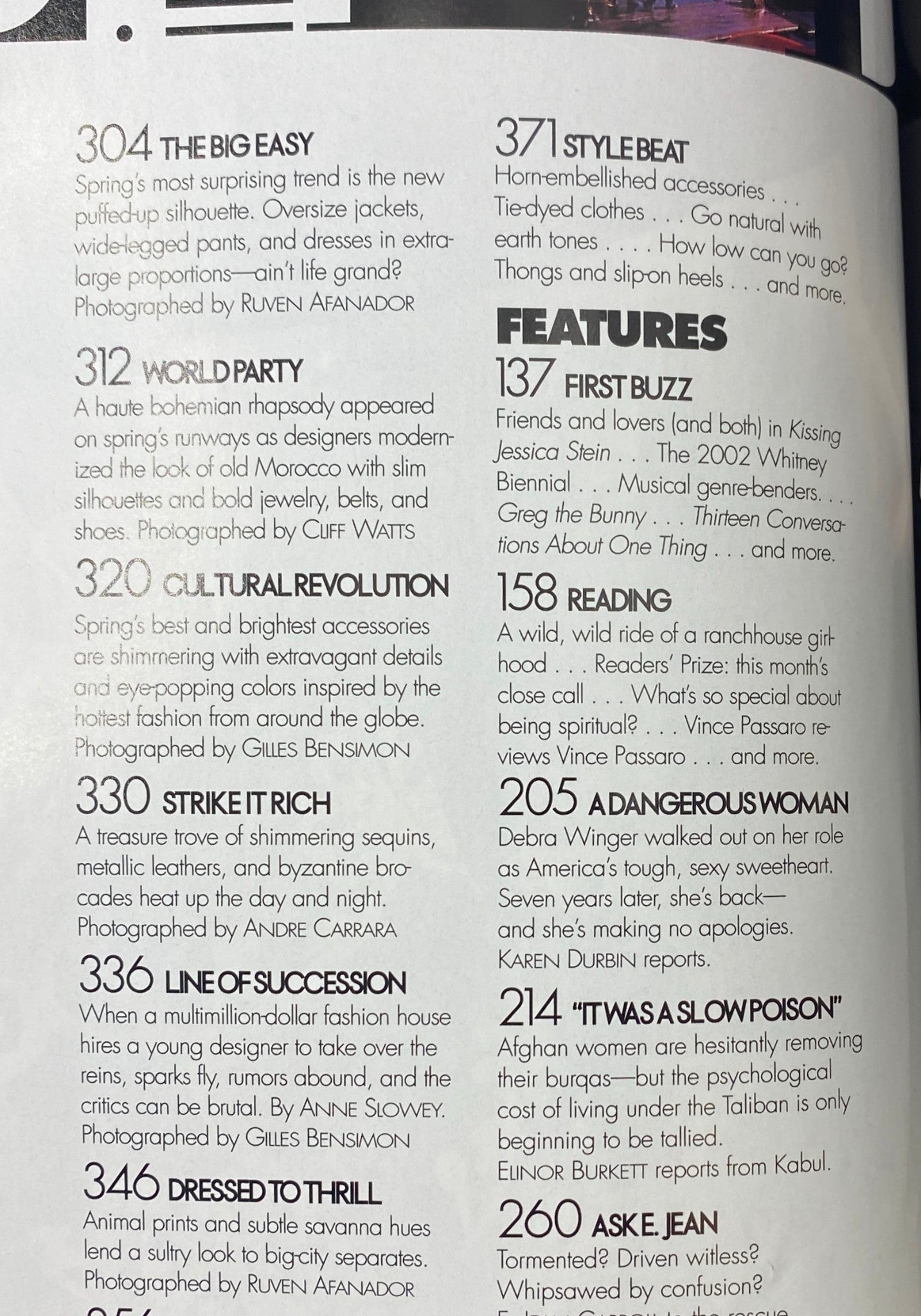 Table of contents from Elle Magazine March 2002, detailing features such as 'Cultural Revolution' and 'Strike It Rich,' reflecting early 2000s fashion trends and cultural insights.