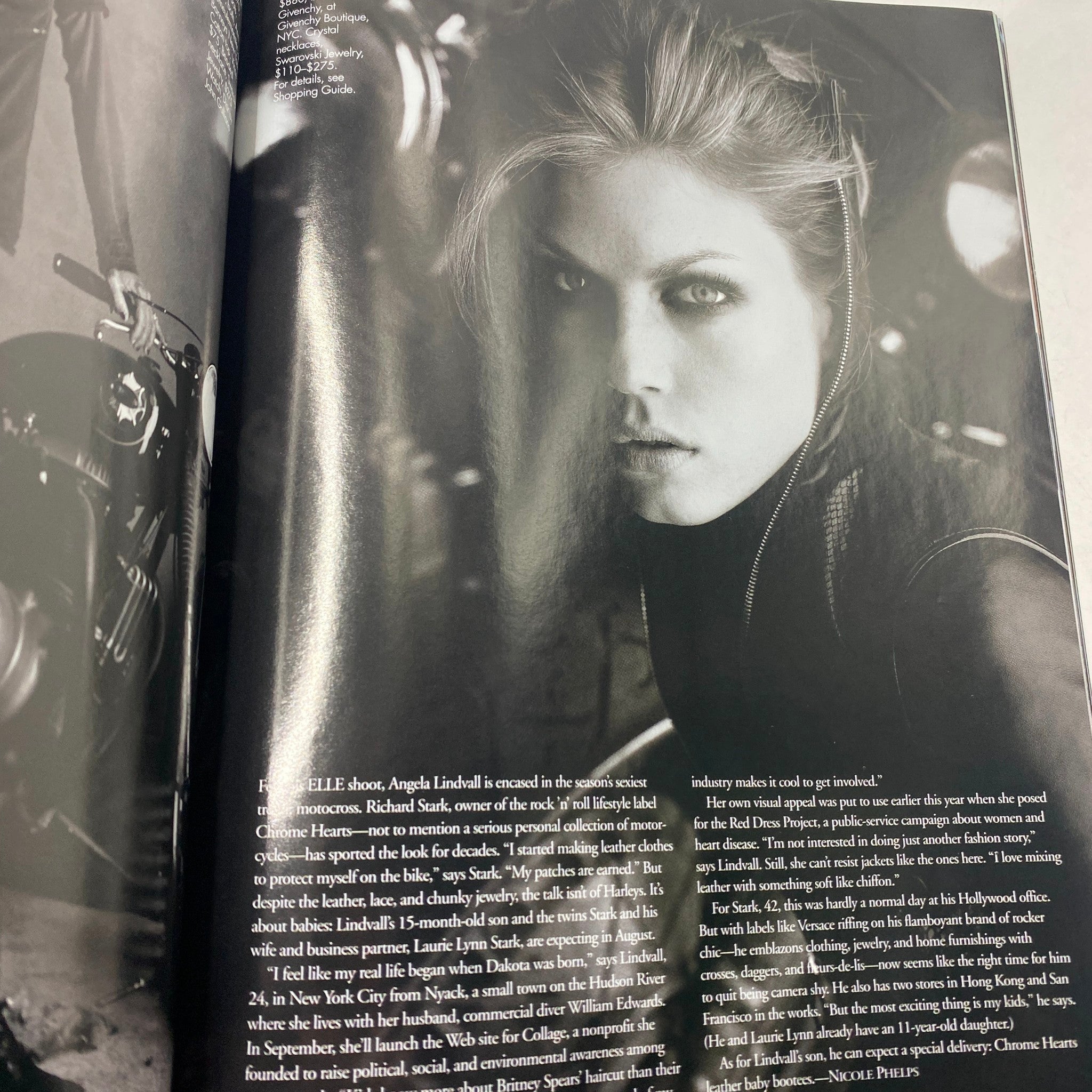 Inside page from Elle Magazine July 2003, featuring Angela Lindvall with a captivating black and white image and accompanying editorial text.